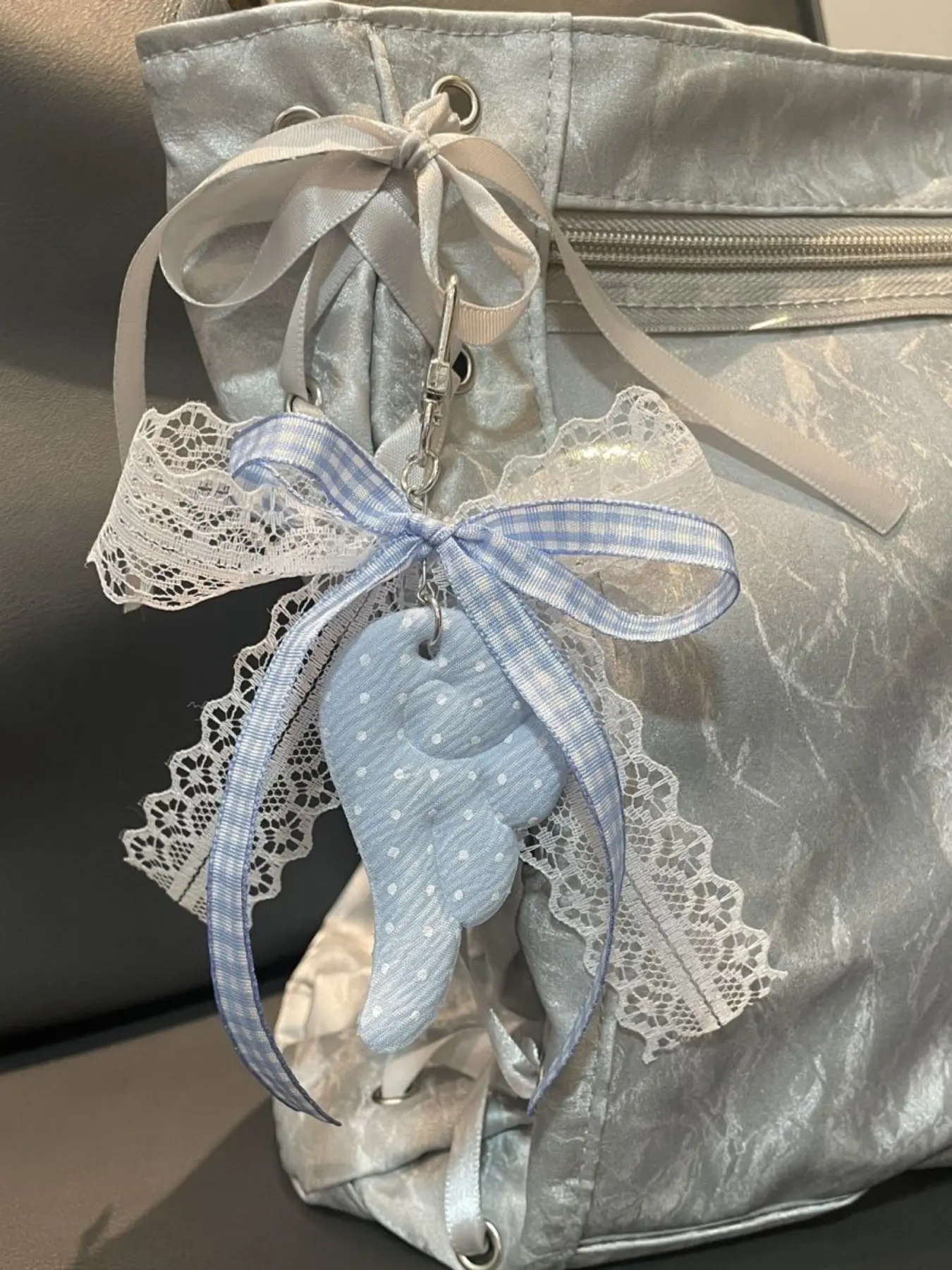 Light Blue Polka Dot Angel Wing Keychain, Gingham Bow & Lace Tassel Pearl Bag Charm, Kawaii Sweet Girly Backpack Accessory