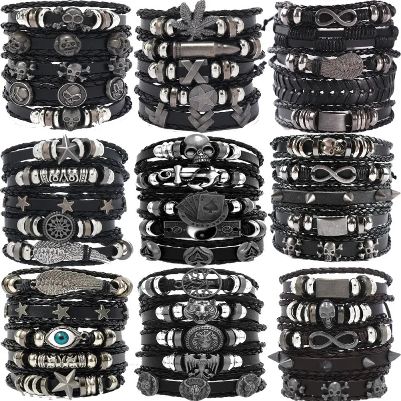 5Pcs Skull Alloy Accessory Leather Bracelet Set, Punk Vintage Cowhide Wristbands, Gothic Stackable Bracelets for Men Women Streetwear
