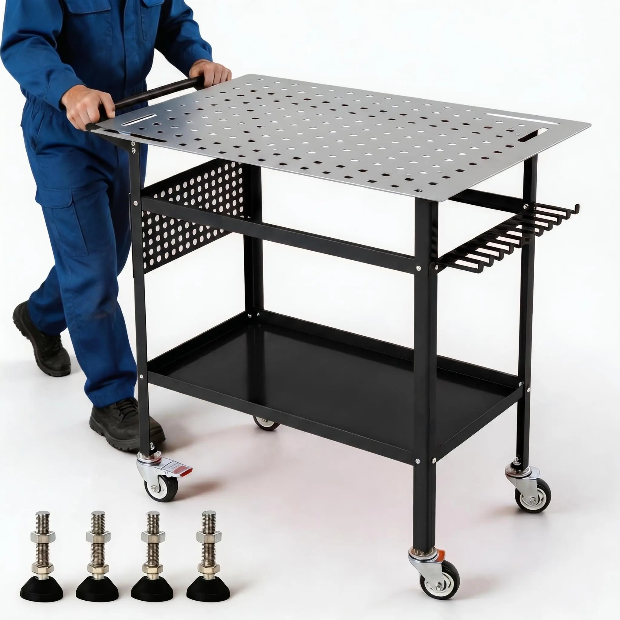 GAOMON Portable Carbon Steel Welding Workbench with 800lbs Capacity, Multi-Functional Design Featuring 2 Swivel and 2 Fixed Casters, Side Pegboard, Hooks, Storage Tray, Built-in Handle, Dimensions 91×61cm (36"x24")