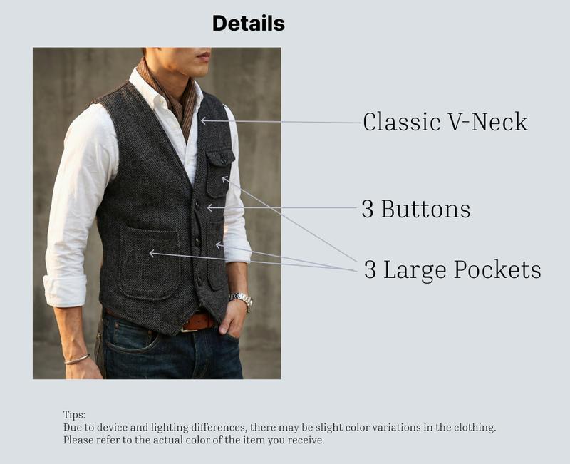 Men's Retro Tweed Vest Herringbone Wool-Blend with Multi-Pockets: Elevate Casual & Outdoor Styles for Daily Errands & Weekend Adventures