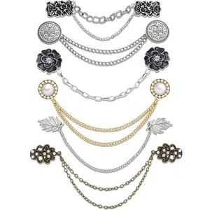Vintage Sweater Shawl Clip Chain Antique Retro Cardigan Dress Cloak Collar Lapel Brooch Pin With Hanging Chain Rose Flower Leaf Pearl CZ Shirt Suit Holder Clasp Accessories Gift  Women Men