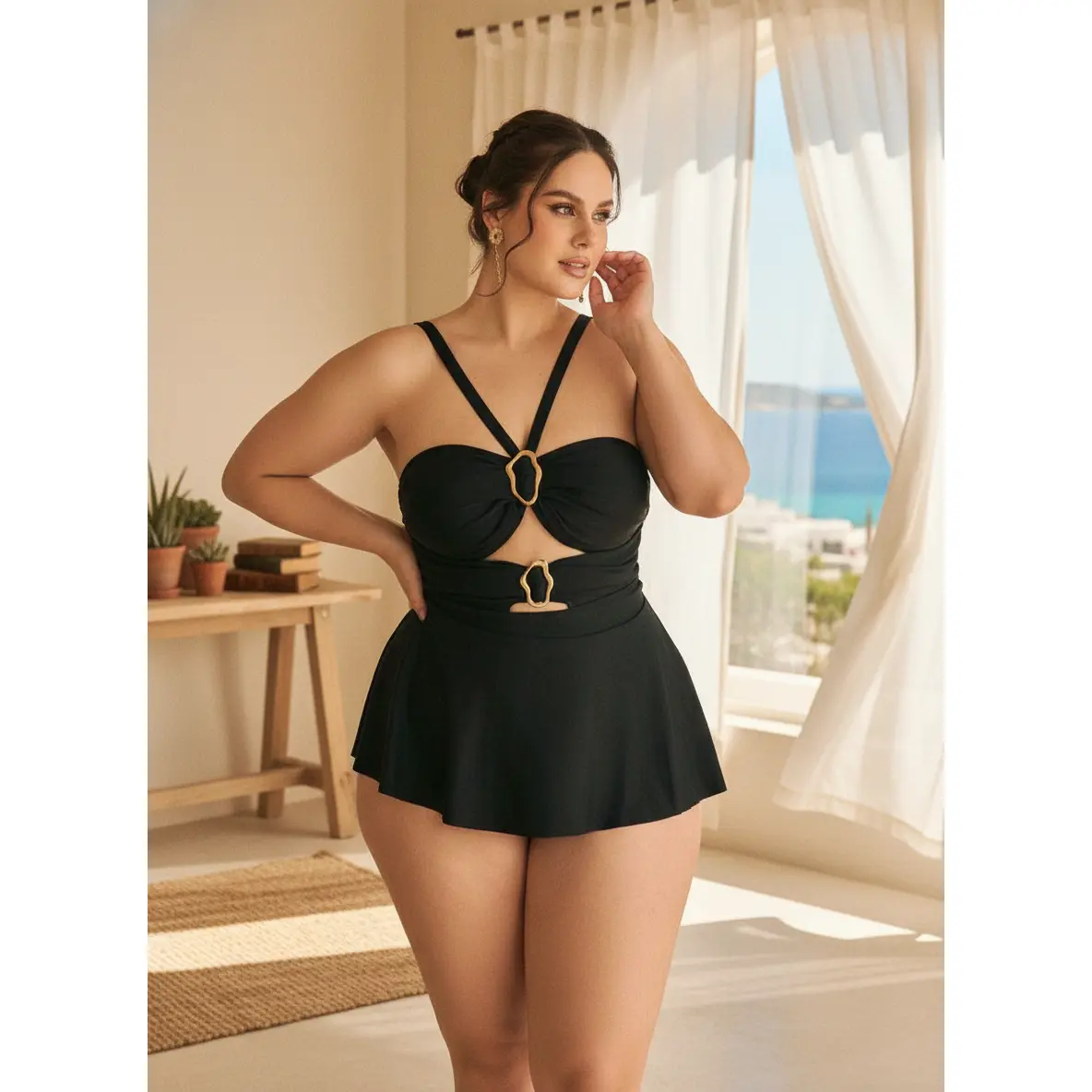 Plus Size Black Cutout One Piece Swim Dress With Gold Buckle Tummy Control Bathing Suit swimsuit woman dealsforyoudays