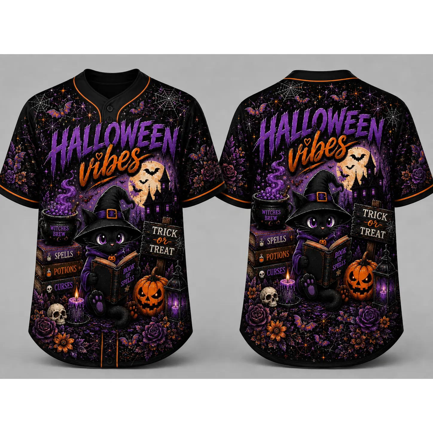 Retro Halloween Spooky Season Baseball Jersey, Funny Front‑Back All‑Over‑Print Button‑Down Jersey, Vintage Skeleton Pumpkin Witch Graphic Fall Costume Jersey For Party#HalloweenBaseballJersey#Spooky Season#RetroHalloween#HalloweenCostume#FallGraphicJe