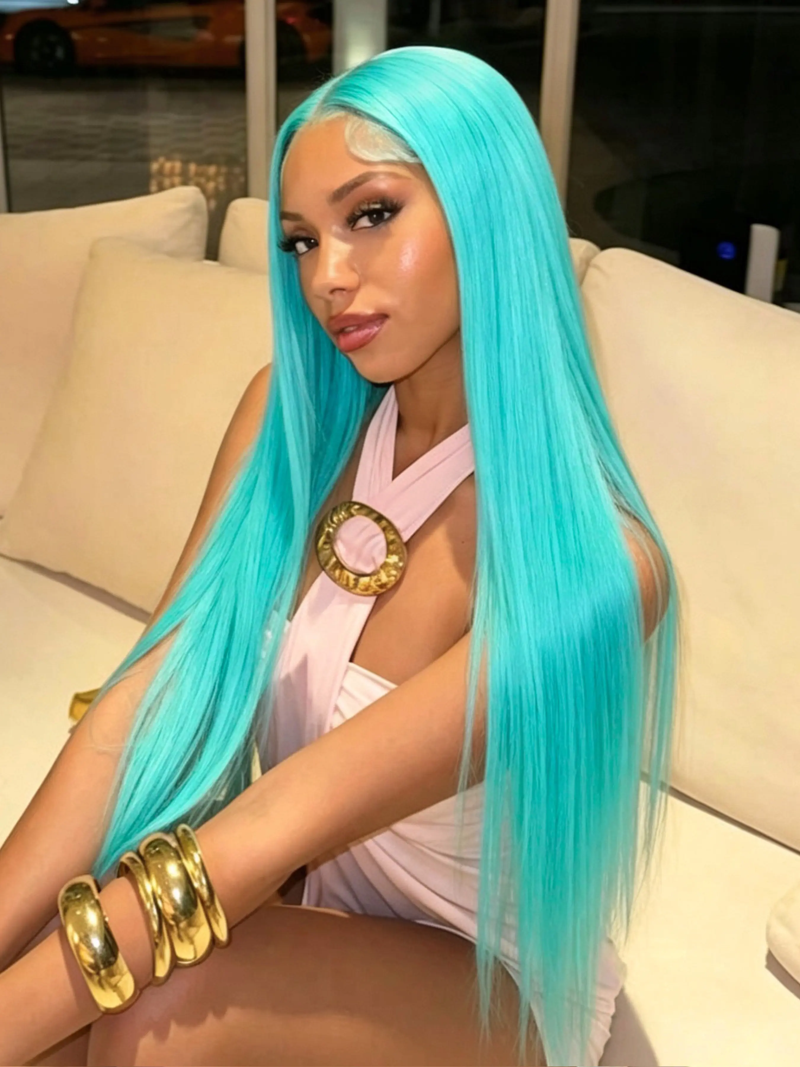 Teal Wig 13x4 Lace Front Wig Mint Blue Long Straight Wig Soft HD Transparent Lace Frontal Wigs Pre Plucked Natural Hairline Heat-Resistant Synthetic Wig Free Parting Wig for Women Party Cosplay Stage 28 Inches
