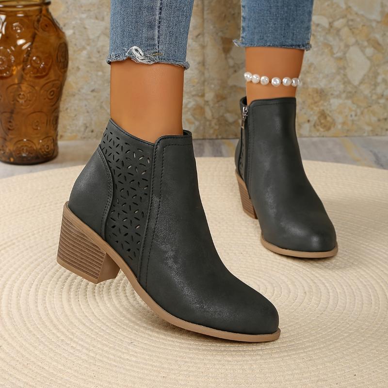[Chunky Mid-Heel Ankle Boots] Comfortable & Durable Women's Chunky Mid-Heel Slip-On Ankle Boots | Laser-Cut Design, Round Toe, Plastic & PU Cover, All-Season Versatile Casual & Formal Footwear Girl Shoe cowgirl boots