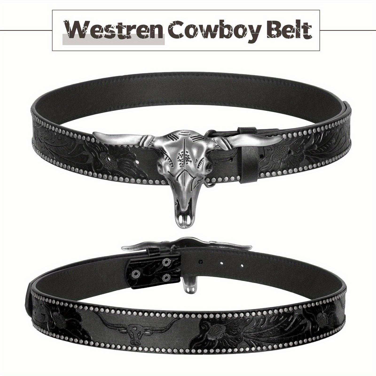 XZQTIVE Western Cowboy Cowgirl Belt for Men and Women Engraved Floral Longhorn Bull Cow Skull Western Leather Buckle Belt for Men Women Floral Engraved Cowboy Belt for Jeans Longhorn Bull Buckle Waist Belt,L Western Brown Leather Print Belt with Buckle
