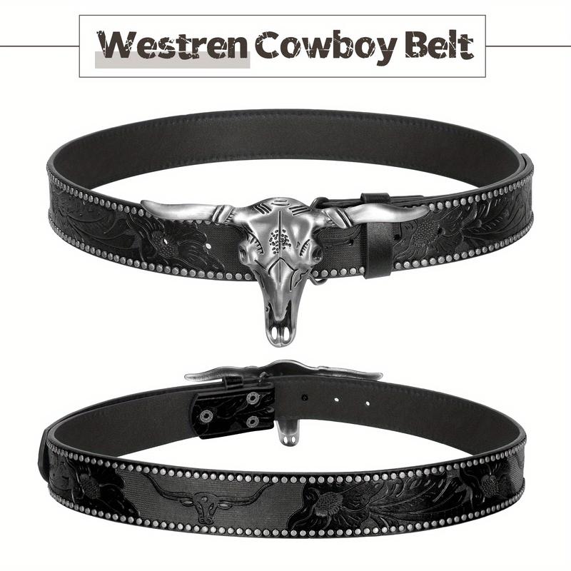 XZQTIVE Western Cowboy Cowgirl Belt for Men and Women Engraved Floral Longhorn Bull Cow Skull Western Leather Buckle Belt for Men Women Floral Engraved Cowboy Belt for Jeans Longhorn Bull Buckle Waist Belt,L Western Brown Leather Print Belt with Buckle