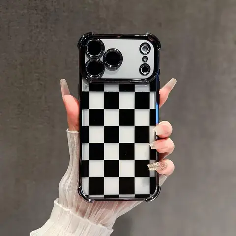 Black Checkerboard Patterned Anti-Drop Cellphone Case (Black-QXA015M73512) with 4-Corner Protection, Transparent Base, Shockproof Sturdy Design for iPhone 17,16,15,14,13,12,11 Pro Max Plus, Mobile Phone Accessory QXA015