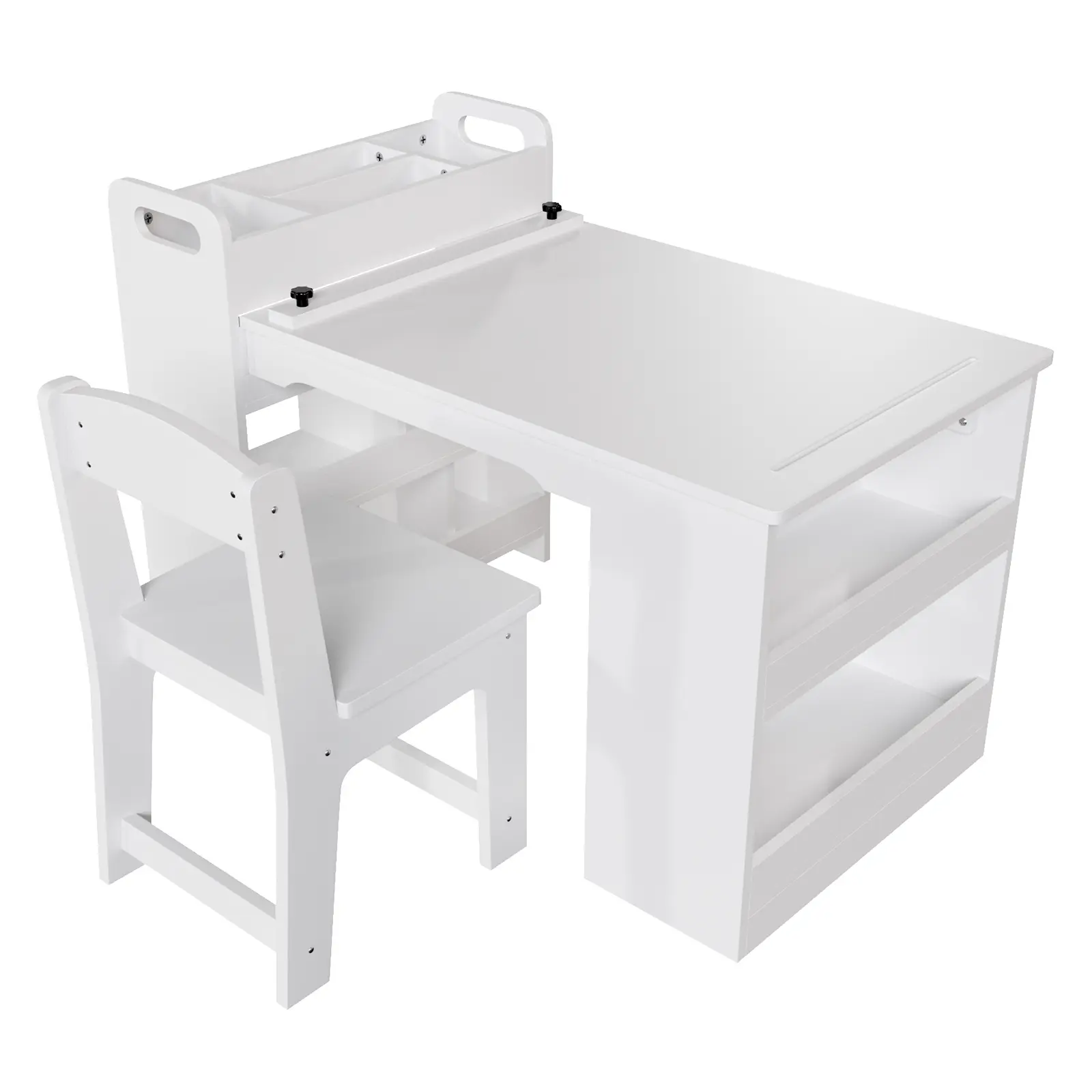 Wooden Kids Art Activity Table 2 Chairs Large Storage Shelves for Drawing, Large storage shelf activity table supports children drawing, reading and handmade craft creation,White/Pink