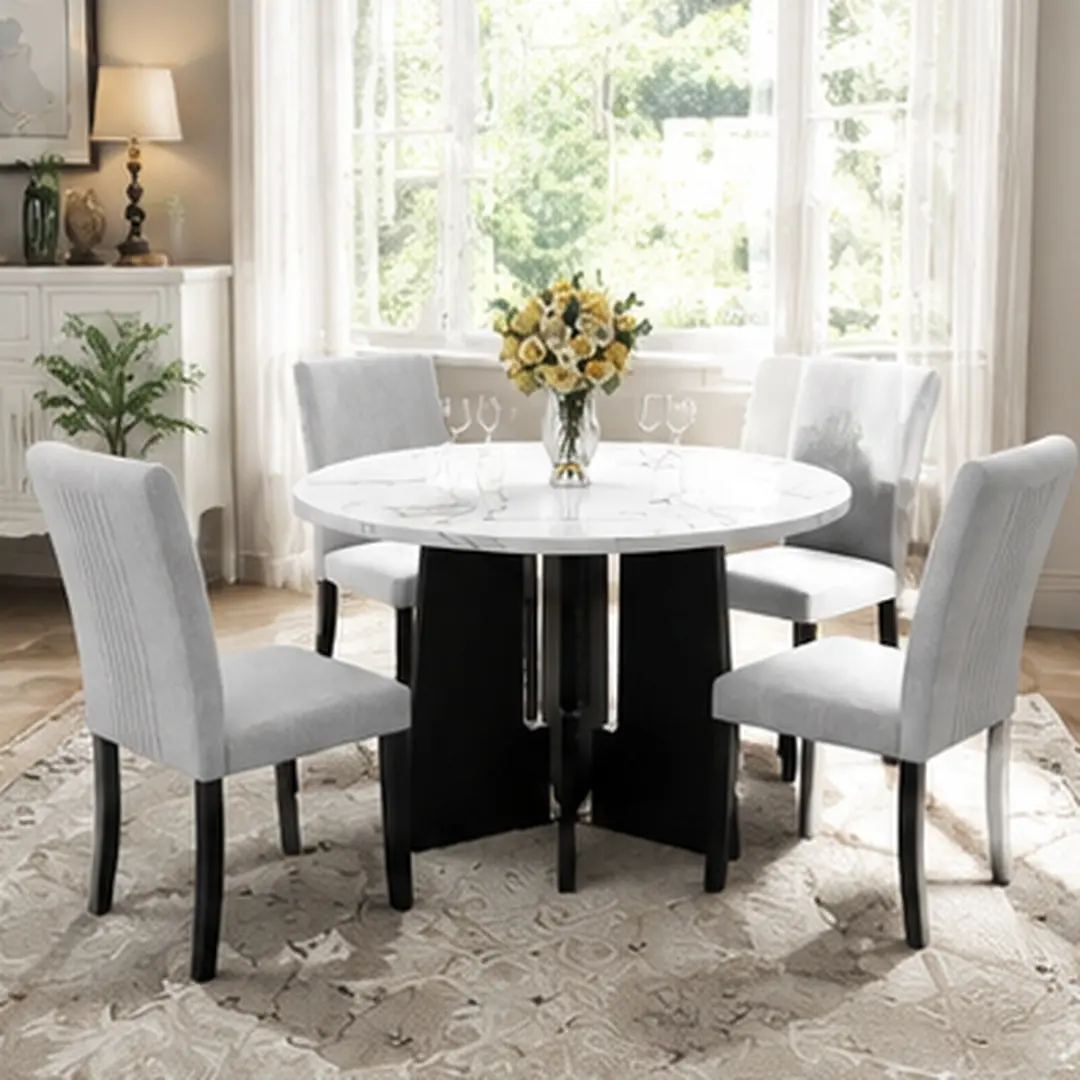 ARCH 5-Piece Round Dining Table Set for 4, 43-Inch Modern Dining Table with 4 Upholstered Chairs, Solid Wood+MDF, Beige+White, Farmhouse Mid-Century Modern Style, Dining Room Kitchen Furniture Set, Easy Assembly, Beige+White Color Options