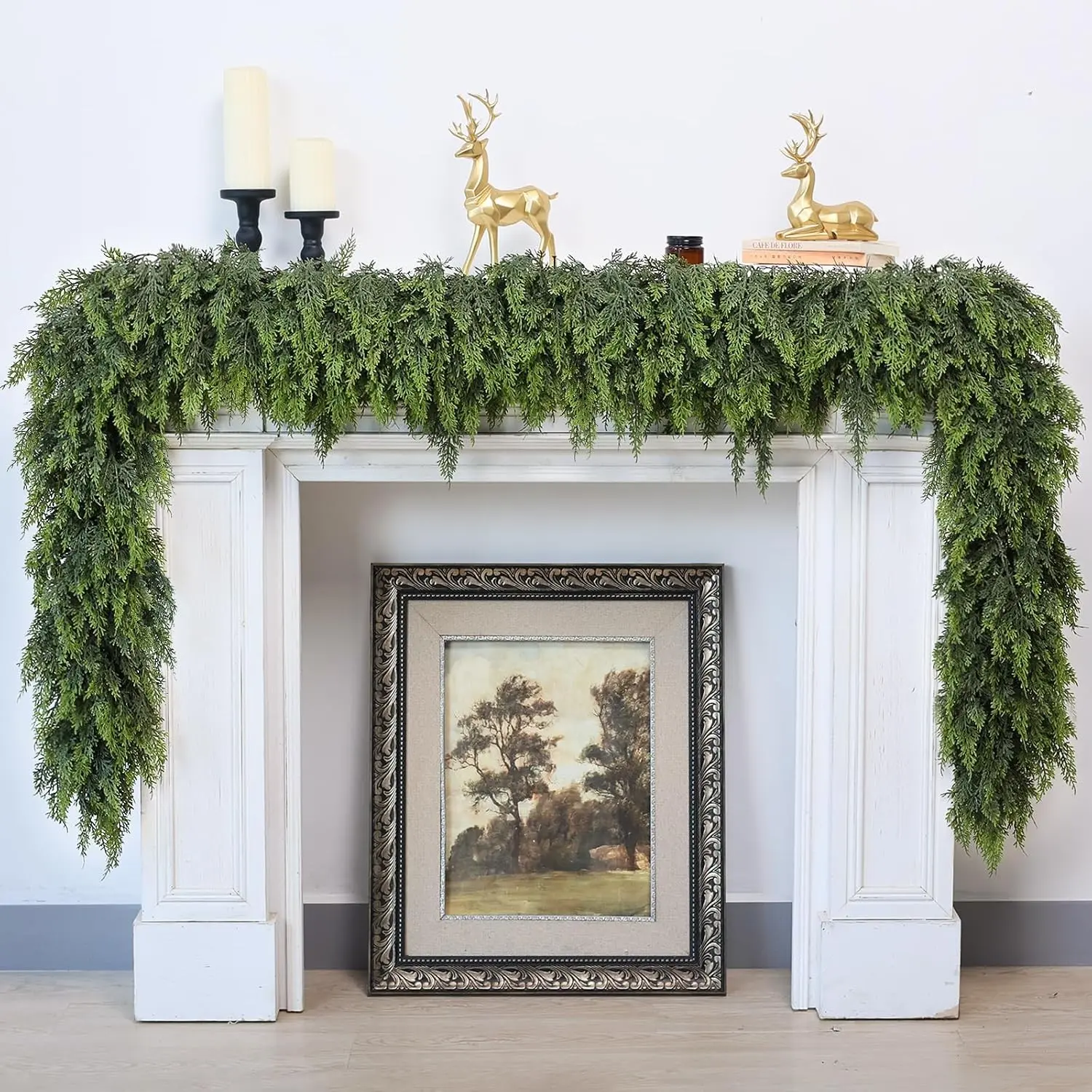 9-Foot Artificial Christmas Cedar Greenery Garland, Soft & Thick Pine Material, Green Faux Cedar Pine Wreath, Festive Holiday Decoration for Fireplace Adornment, Parties and Home Decor, Indoor & Outdoor