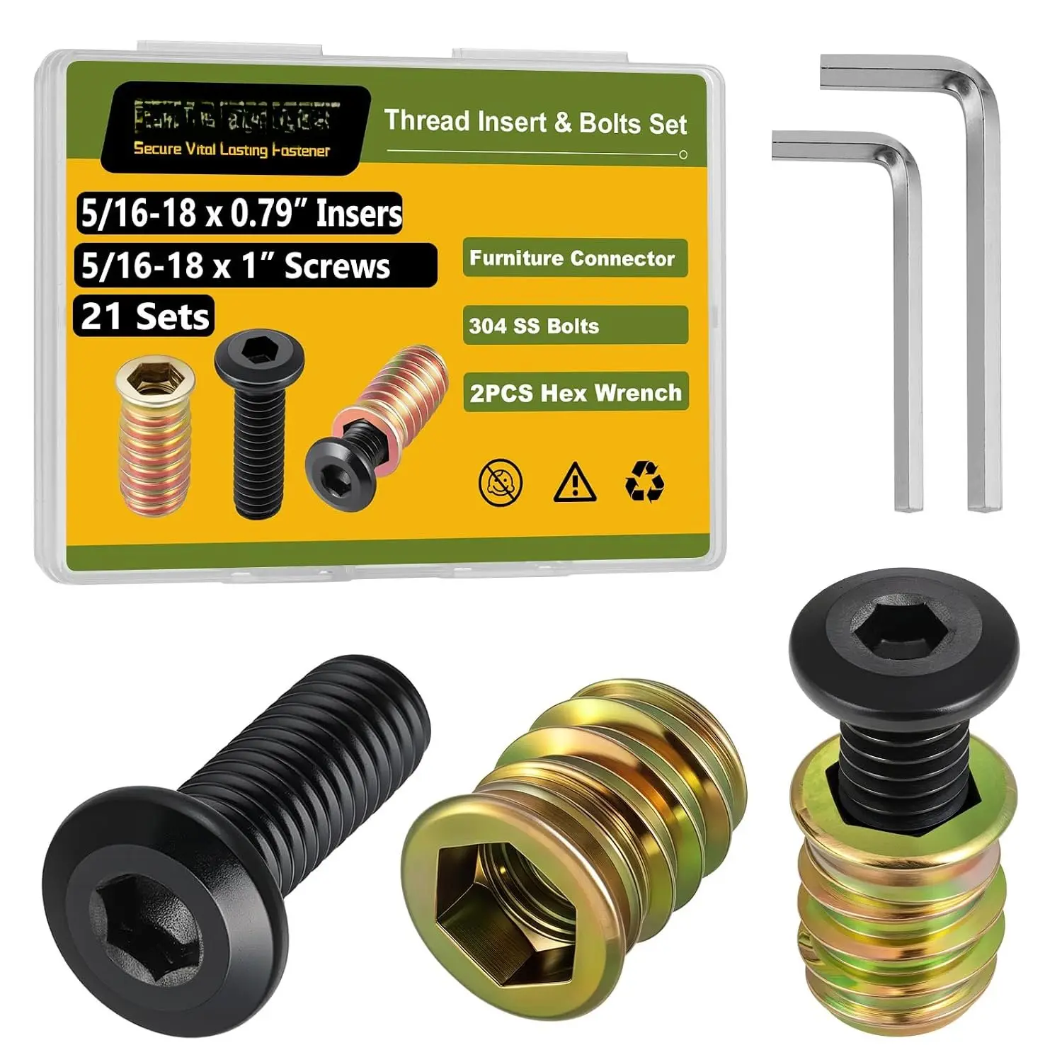 Threaded Inserts and  Set, 11 Sets, 3/8-16 x 20mm Threaded Inserts for , 3/8-16 x 1 Furniture Screws, 3/8 Bolt Flat  304 Stainless Steel, Hex Socket Drive, with 2 count Hex Wrench