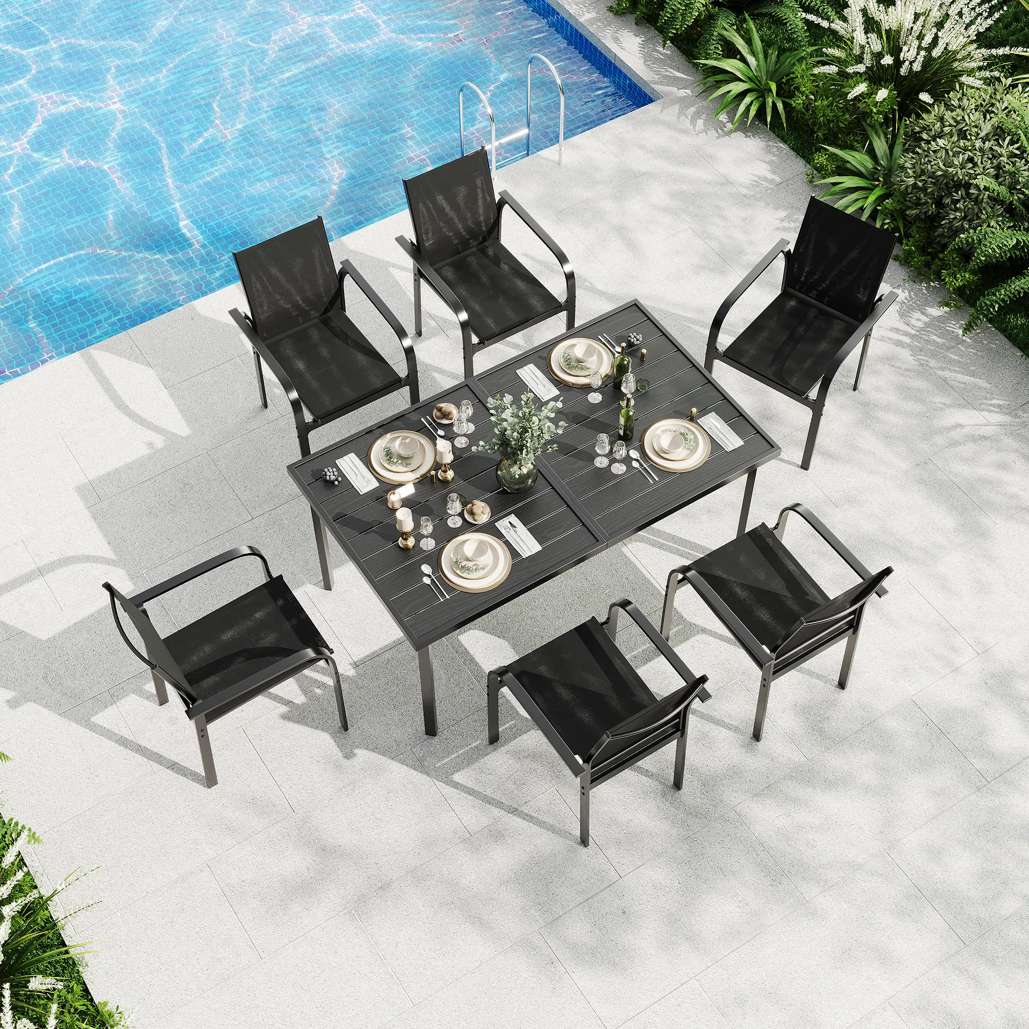 🌞 7-Piece Patio Dining Set with 55" Rectangular Table & 6 Textilene Chairs – All-Weather Wood-Grain Finish for Backyard, Garden & Poolside