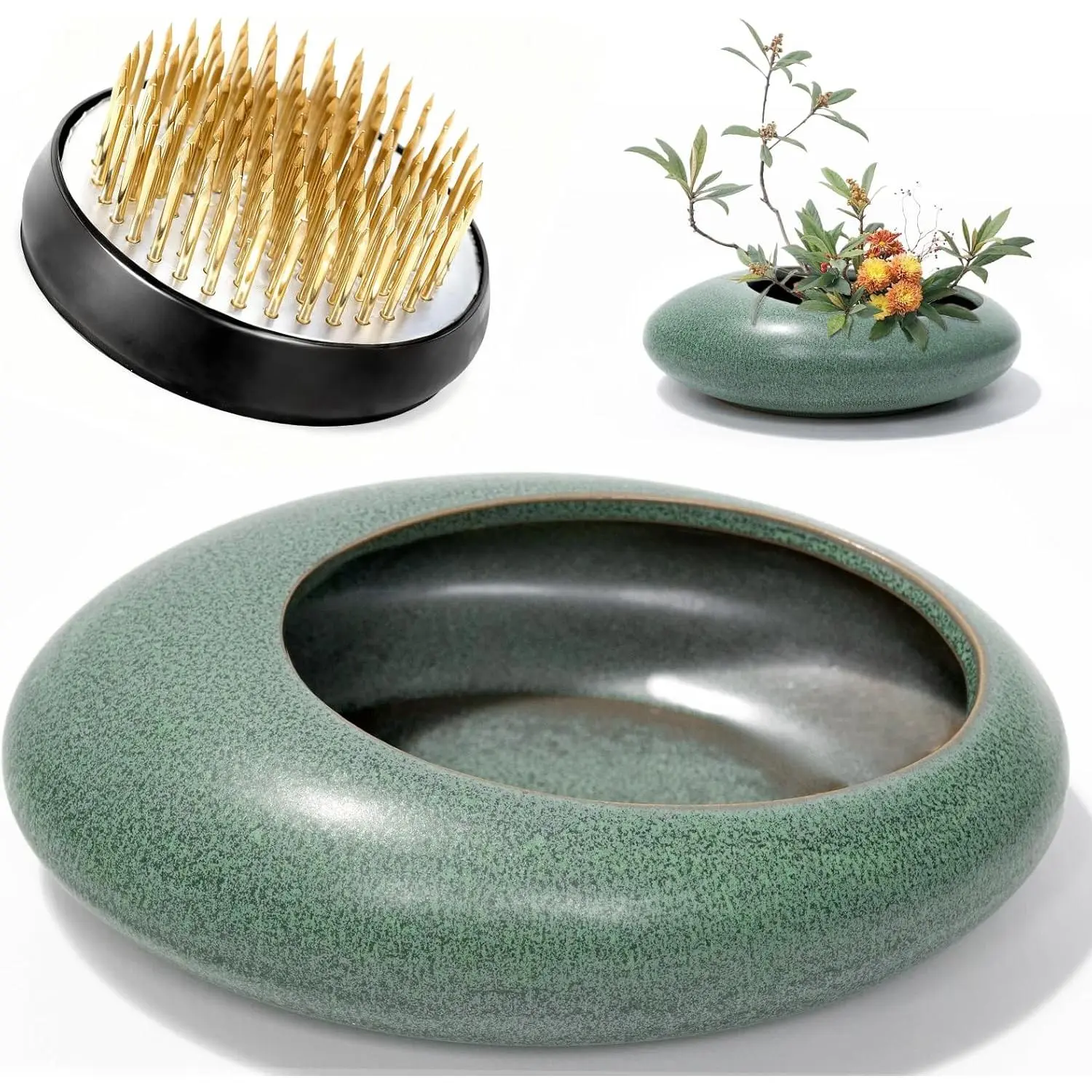 Flower Frog Vase Kit, 2-Inch Brass Florist Frog for Arrangements and Ceramic Water Drop Pot, Elegant Ikebana Flower Holder for Cut Flowers, Floral Decor Kit(Green Large Size)