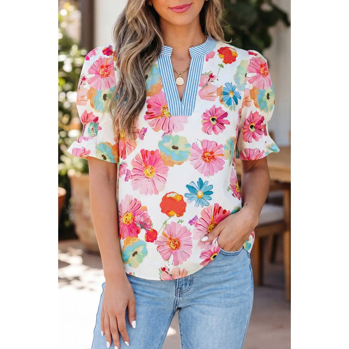 Lady's Beige Floral Print Smocked Short-Sleeve V-Neck Blouse with Striped Trim, Colorful Women's Top, Shortsleeve, Lightweight, Casual, Fabric