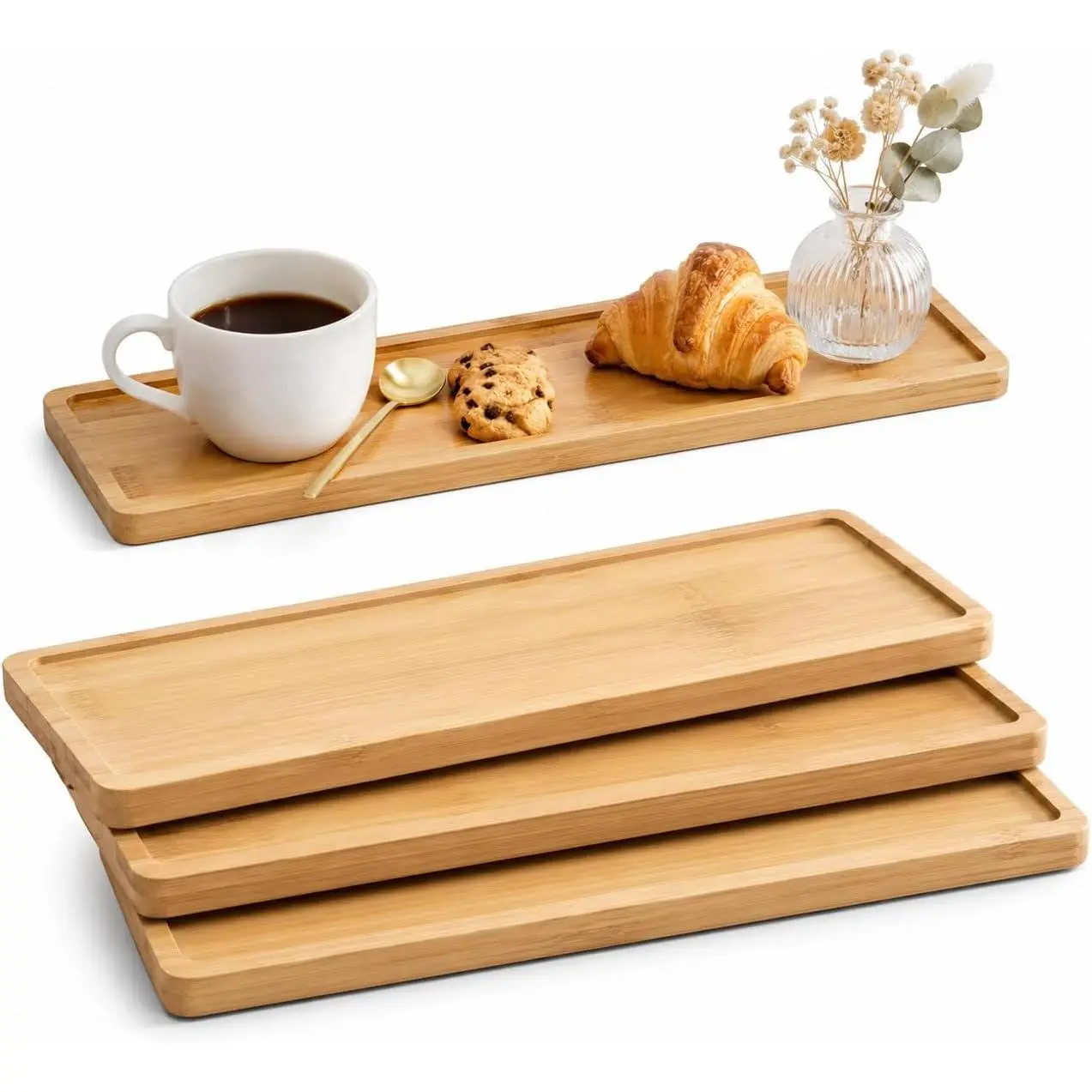 3 PCS Bamboo Vanity Tray, 11 x 4 Inch Bamboo Serving Tray Set with Raised Rim, Small Wood Organizer Trays for Coffee, Snacks, Dessert, Bathroom Vanity, Kitchen Counter, Desk Decor -Rectangular