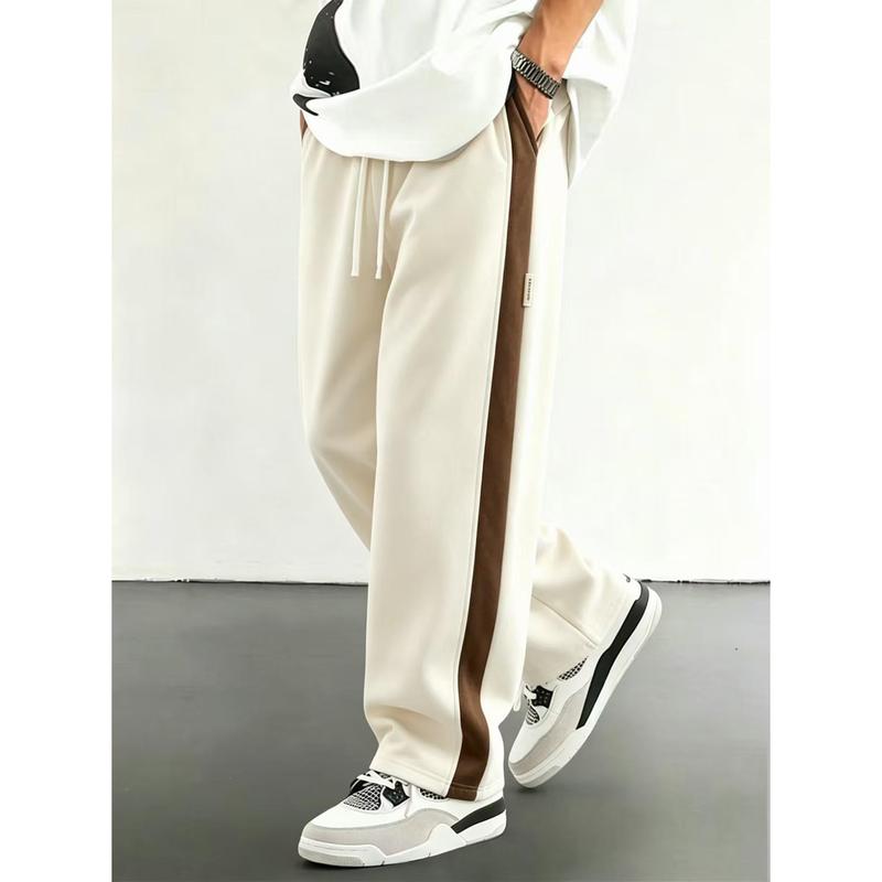 Men's Wide Leg Straight Cut Pants Drawstring Waist, Comfortable Trousers with Contrasting Side Stripes for Street Strolling, City Daily Leisure & Weekend Outings