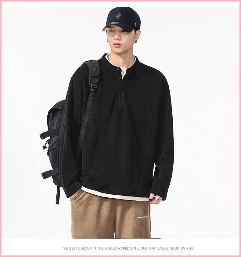 Autumn And Winter New Versatile Casual Fake 2 Pieces Handsome Trendy High Street Henley Collar Long-sleeved T-shirt For Men