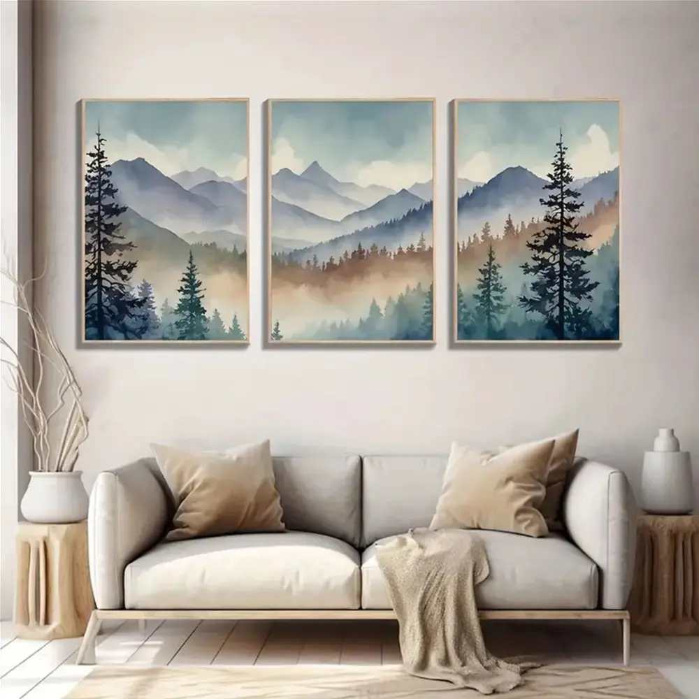 3 Pieces Nordic Modern Abstract Blue Watercolor Landscape, Aesthetic Wall Mural, Minimalist Home Art, Contemporary Gallery Decor, Soft Tone Painting, Wall Decor for Bedroom and Tea Room, Framed or Unframed.
