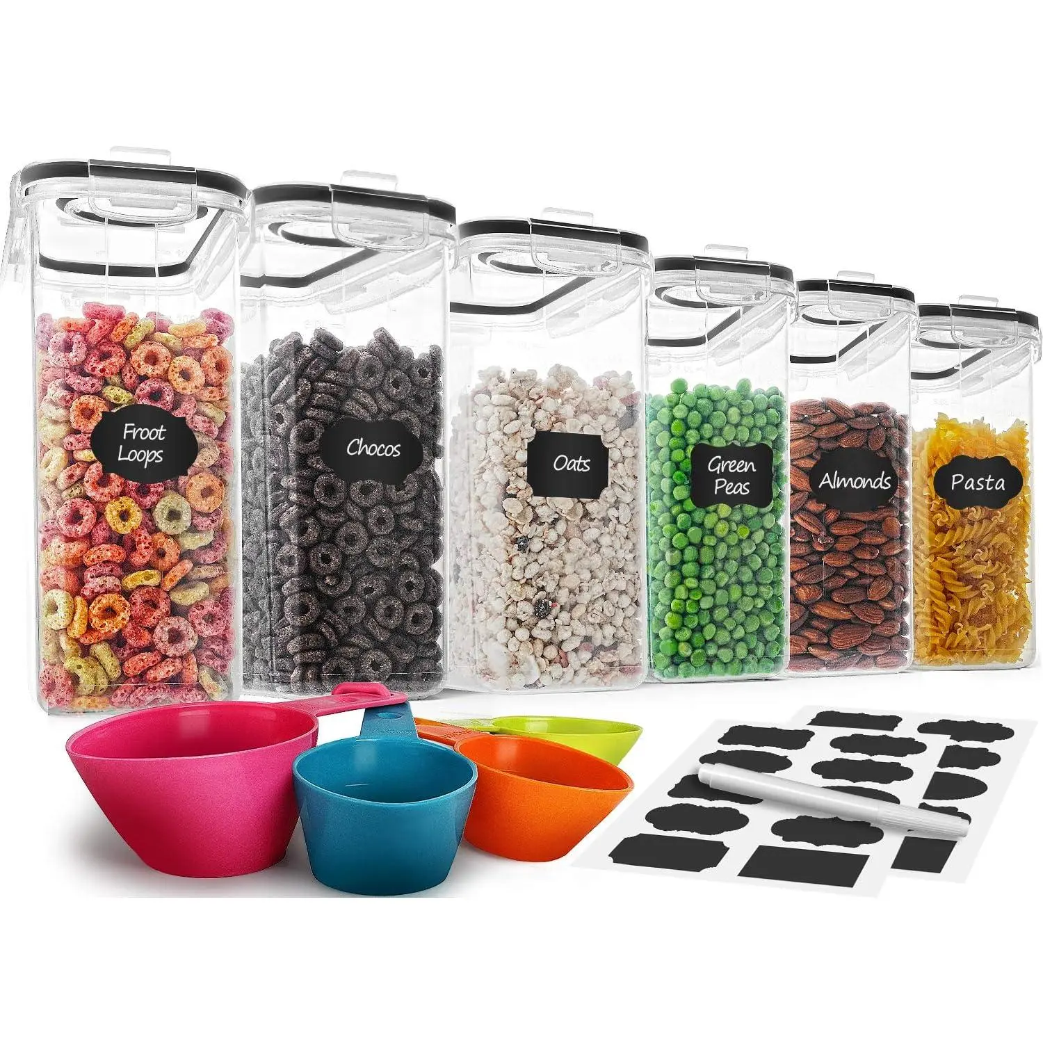 6 count 4L /135.2oz Cereal Container Set,  Storage Containers | Airtight Cereal Containers, Large Cereal Dispensers Set,Kitchen Pantry Storage Containers, with easuring Tools