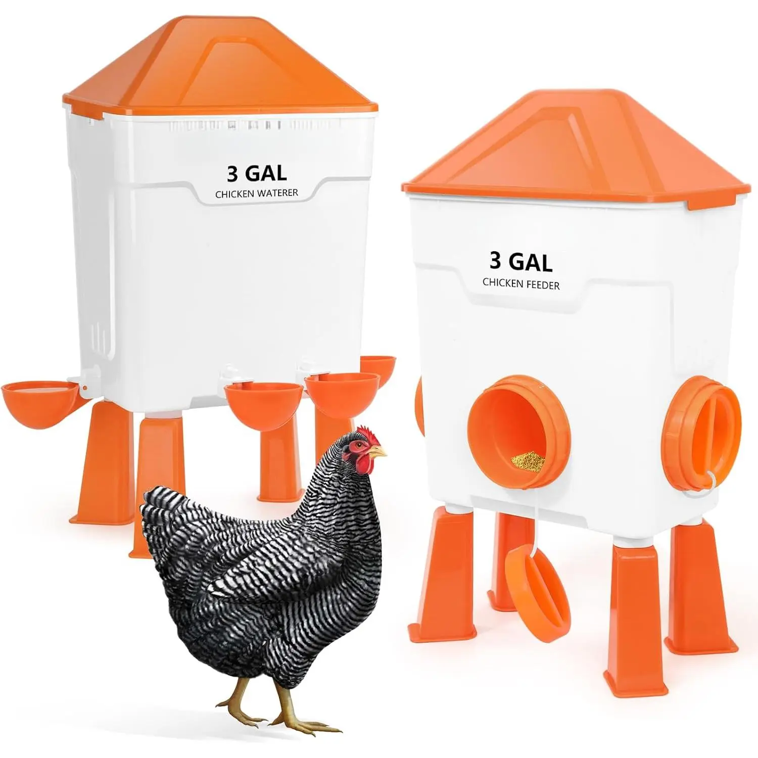 Chicken Feeder and Waterer Set 3 Gallon, Automatic No-Waste Feeder, Large Poultry Waterer with 2.75'' Cups, Standing or Hanging Use, Feed Chickens & Ducks