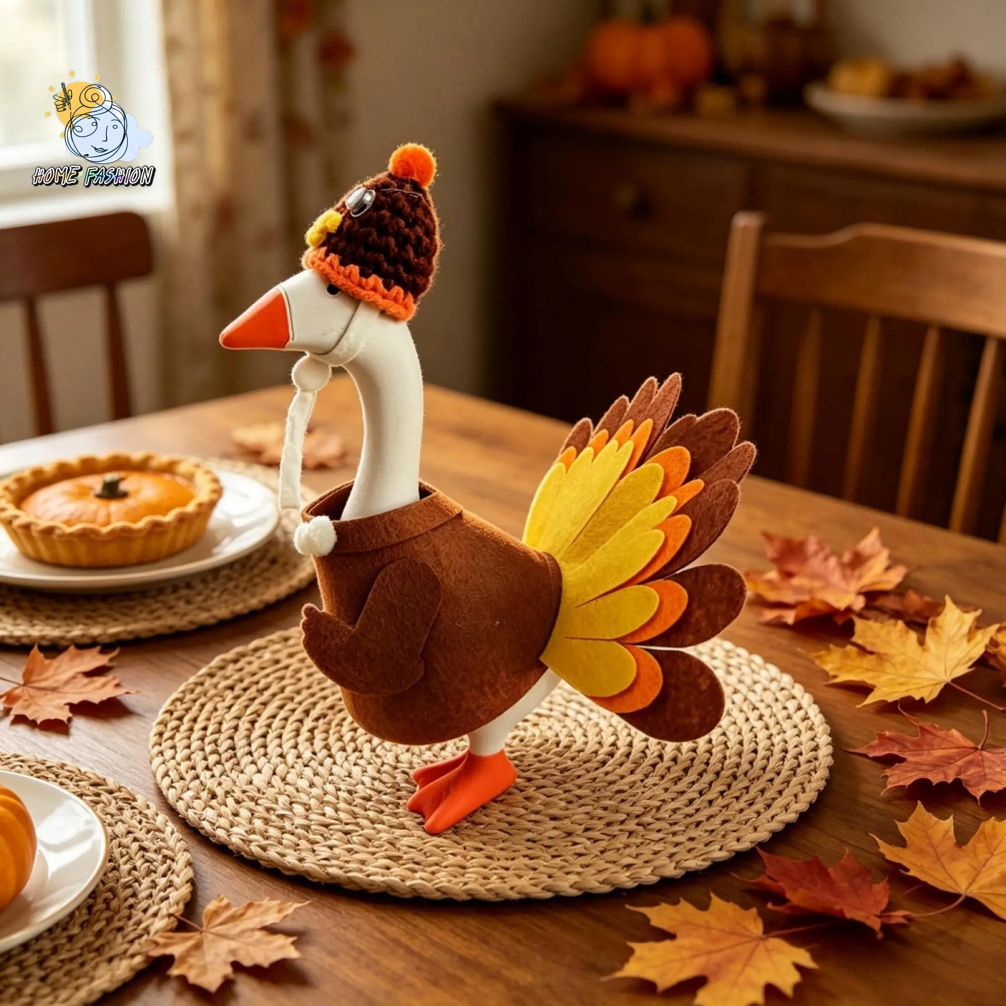 Turkey Desk Goose Outfit Funny Thanksgiving Goose Costume with Tail Feather and Knitted Hat Set for Holiday Parties