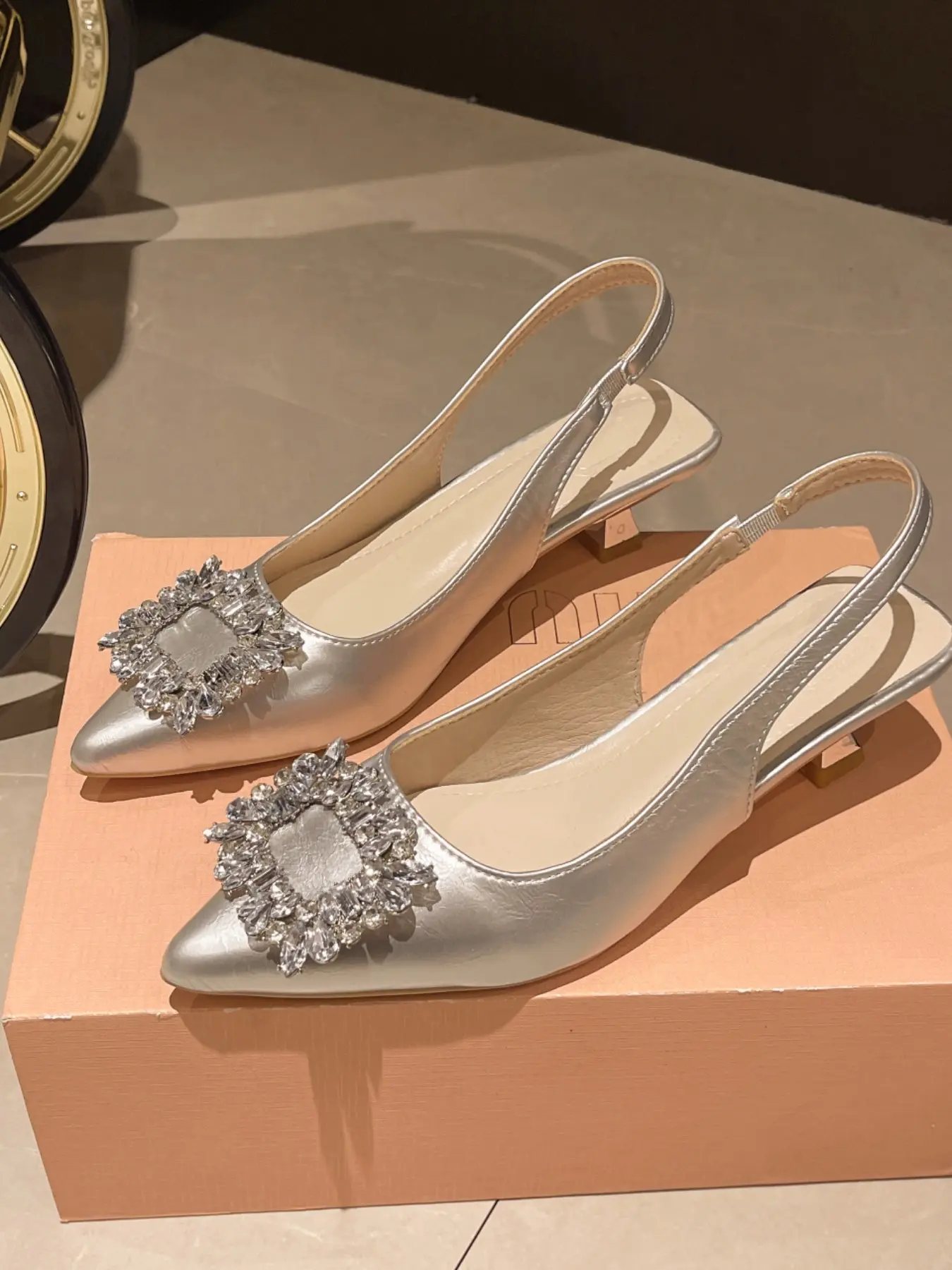 Women Sparkly Crystal Square Ornament Pointed Slingback Kitten Heels, Elastic Back Strap Low Heel Sandals, Date Night Bridal Semi-Formal Occasion Wear, 3 Colors Black White Silver