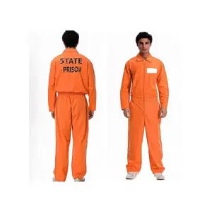 Adult Inmate Costume Halloween Prisoner Cosplay Jumpsuit Lapel Long Sleeve One Piece Unitard Men Orange Prisoner Jail Uniform