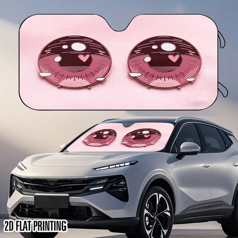 Universal Foldable Car Windshield Sun Shade, Light Pink Base Anime Style Shiny Heart Lovely Girl Eyes Print, UV Block Car Windshield Sun Visor, Cute Girly Foldable Easy Storage Sunshade