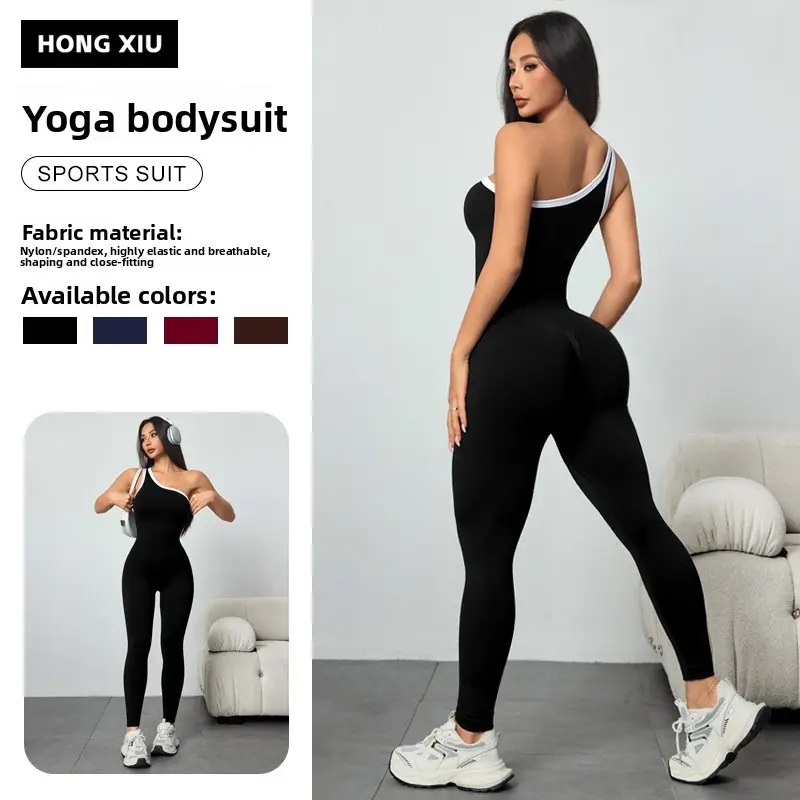Women's Contrast Color Asymmetric Shoulder One Piece Yoga Set High Waist Peach Hip Pants Integrated Pilates Workout Fitness Clothing Breathable Quick Dry Sports Activewear For Gym Yoga Pilates Training