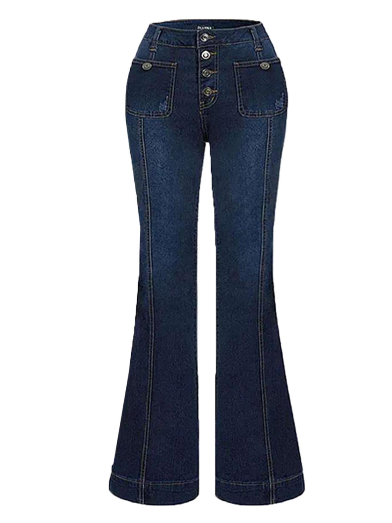 Women's Plain Flare Leg Jeans with Button & Pockets , Casual Bell Bottom Trousers for Daily Wear, Ladies Bottoms for All Seasons