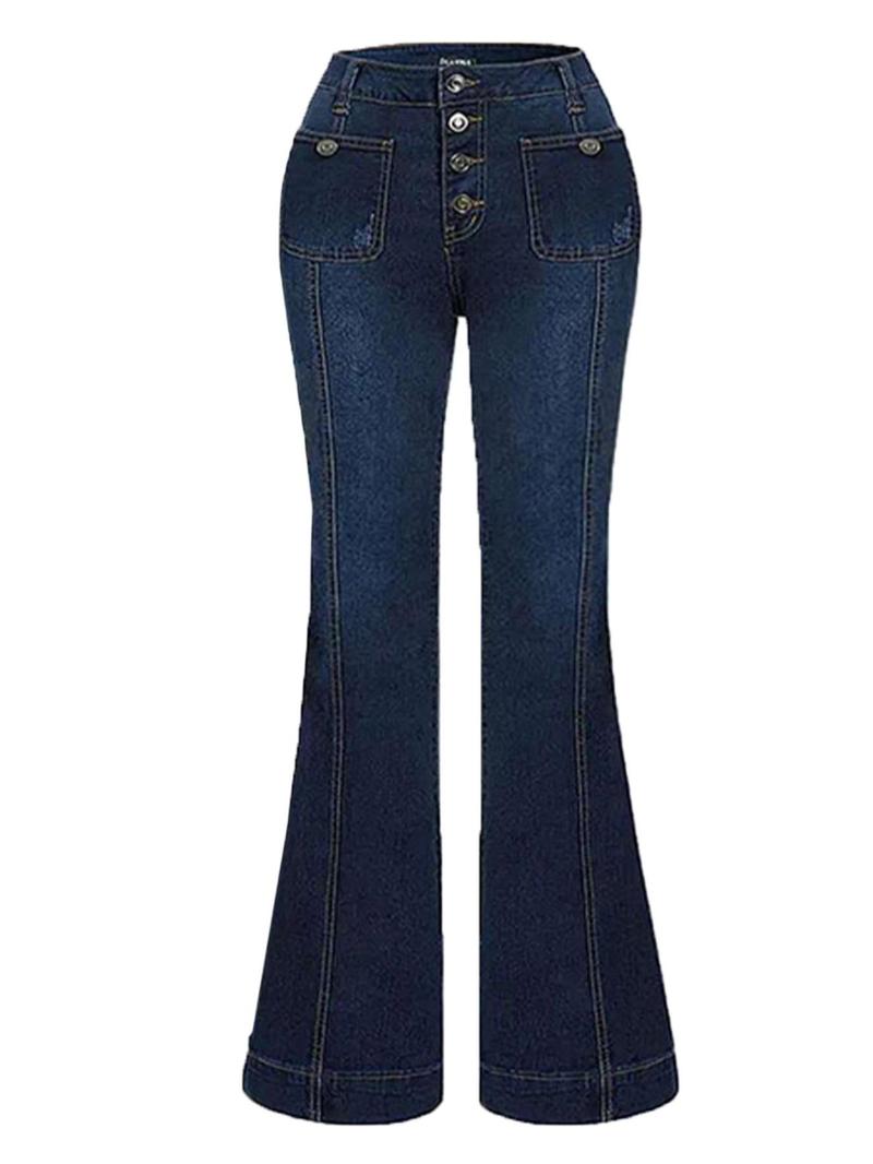 Women's Plain Flare Leg Jeans with Button & Pockets , Casual Bell Bottom Trousers for Daily Wear, Ladies Bottoms for All Seasons