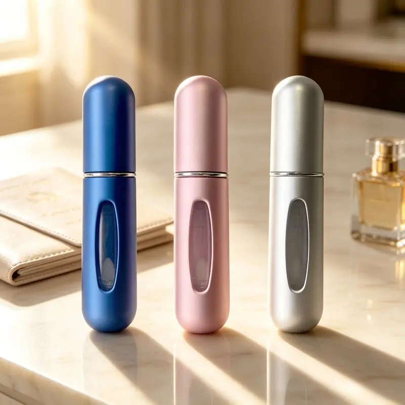 3-Pack 5ml Refillable Matte Makeup Perfume Atomizers, Mini Pocket Fragrance Travel Spray Bottles, Blue/Silver/Rose Pink 3-Color Set