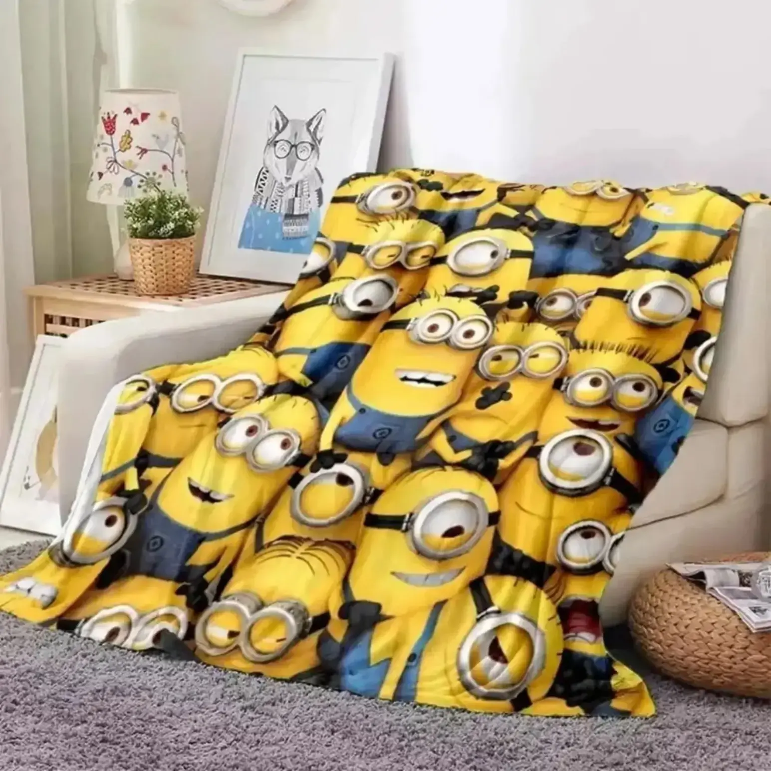 Cute Minions Printed Flannel Blanket 6 Sizes Soft Cozy Lightweight AC Throw Blanket Kids Adults Sofa Bed Bedroom Living Room Outdoor Travel Cartoon Bedding Movie Night Home Decor Gift Halloween Christmas Birthday Viral Blanket