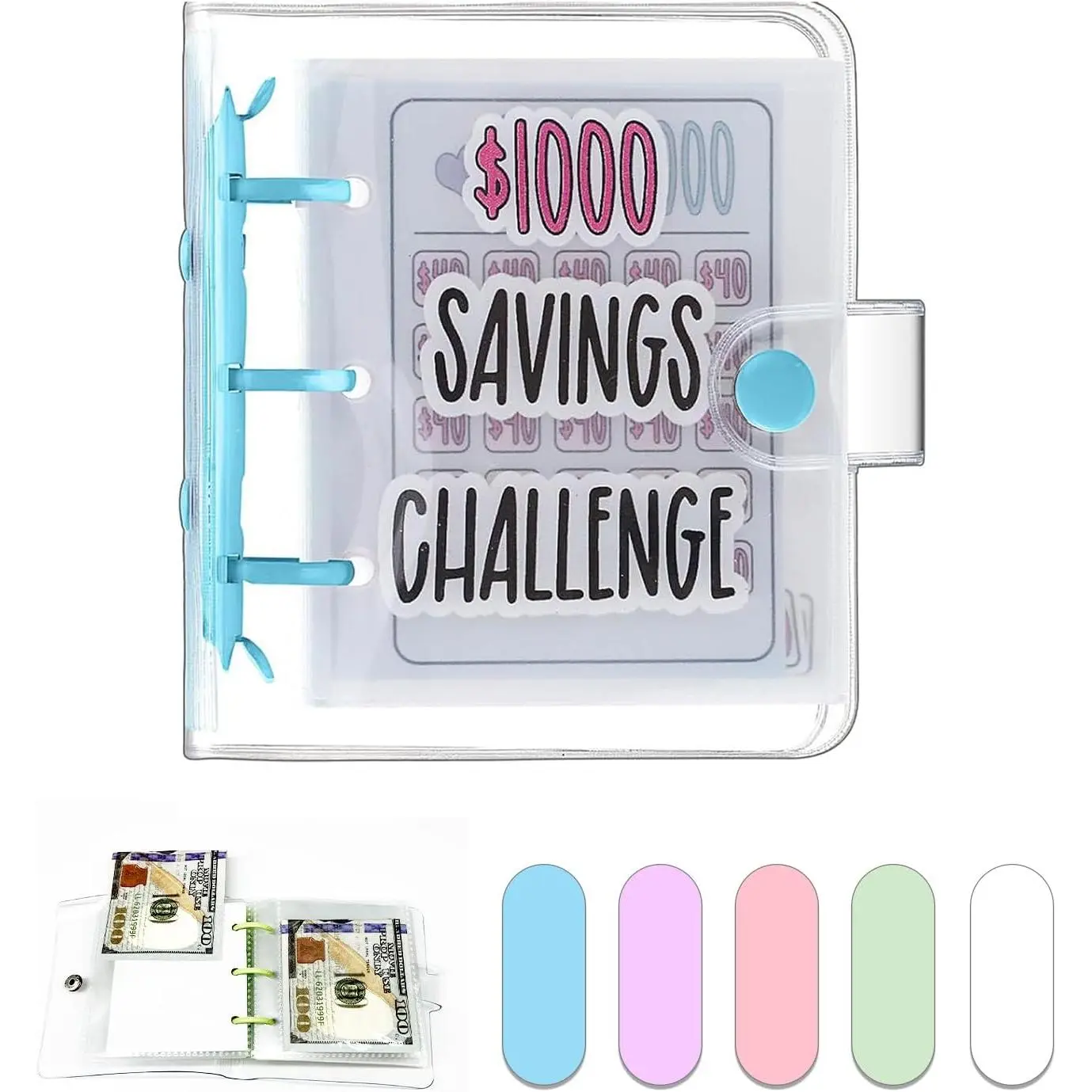 Mini Money Saving Binder for Babies - $1000 Goal Budgeting Book with Envelopes, Portable Deposit Access Anywhere (Blue)