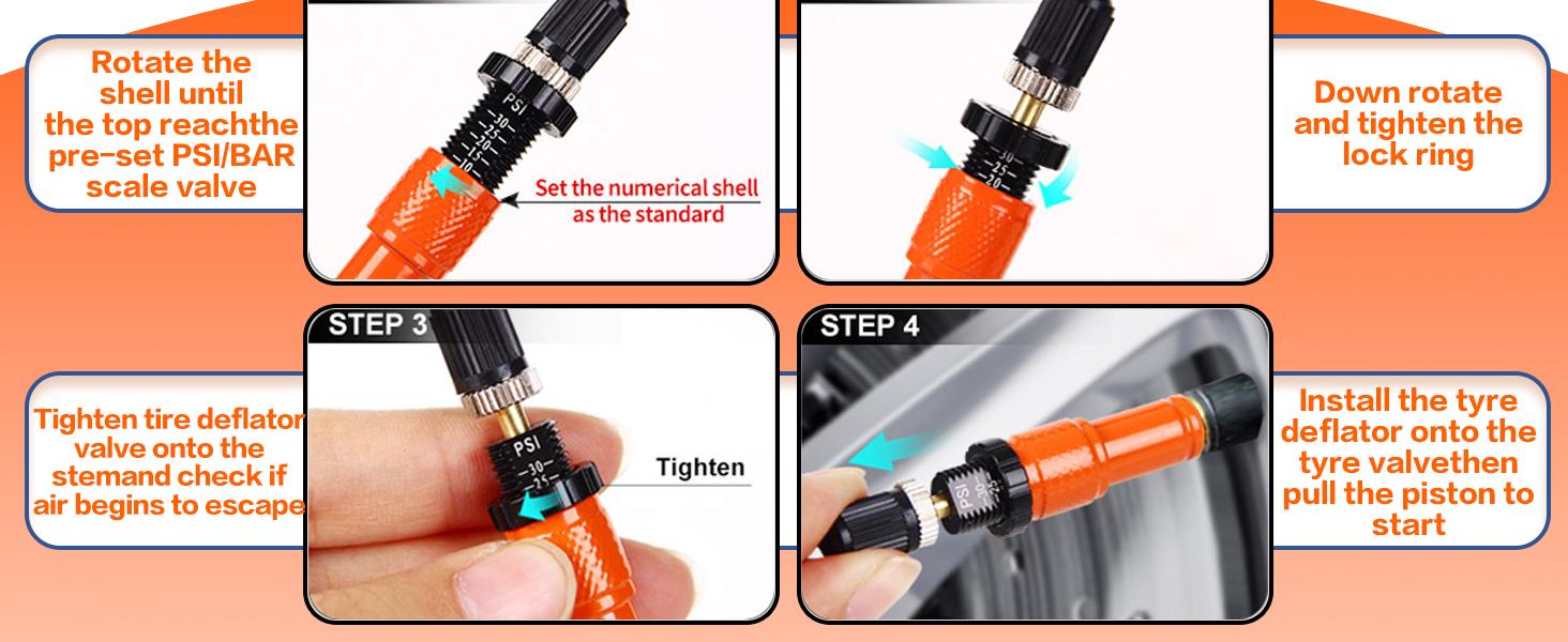 Adjustable Auto-Stop Tire Deflator Valve Kit (10-30 PSI) Tire Air Down Tool Offroad 4x4 Screw-on Automatic Tire Deflators. (4, Orange)