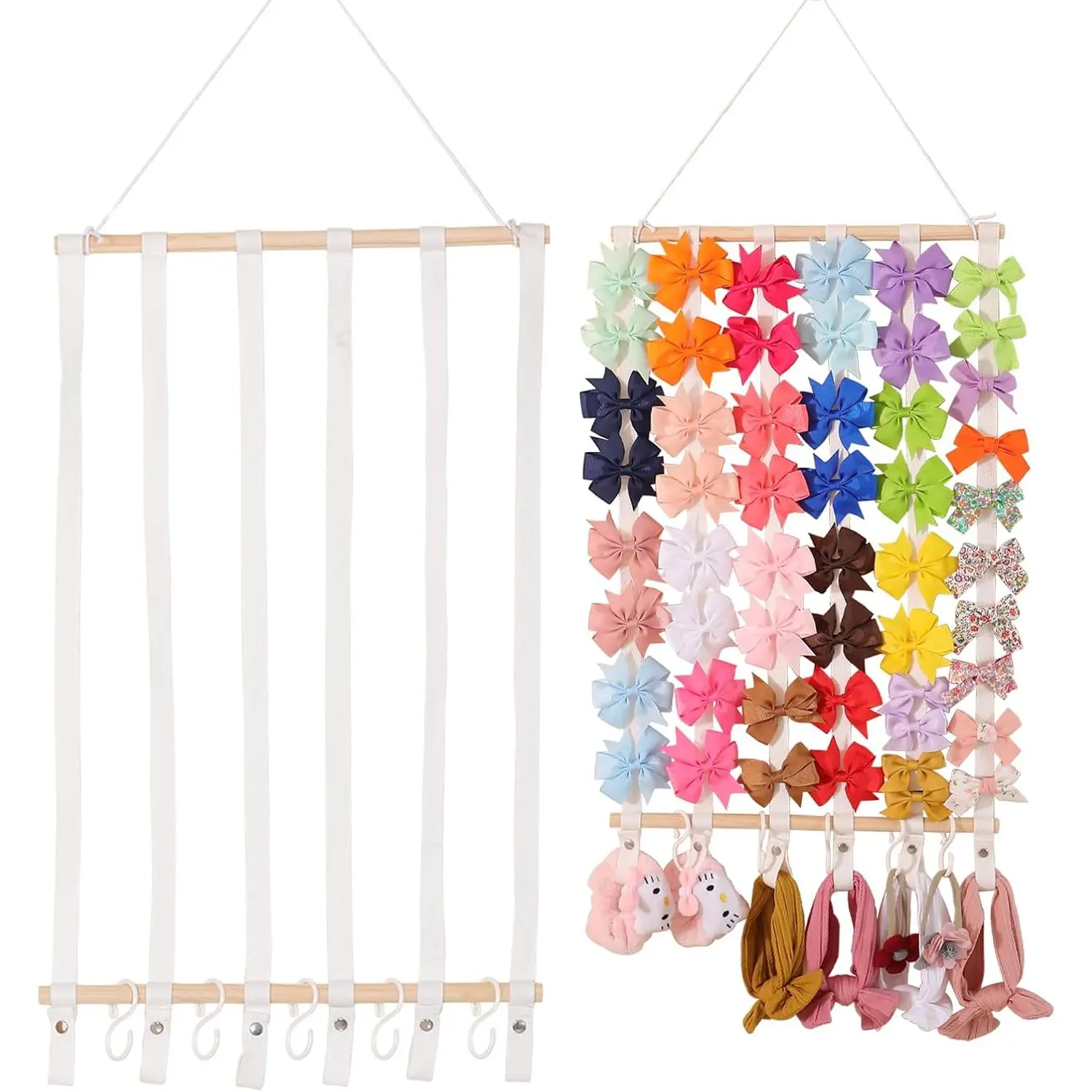 Minimalist Wooden Hanging Bow Holder for Girls - Wall-Mounted Home Organizer with Hooks, Hair Accessory Storage for Headbands, Room Decoration (White)