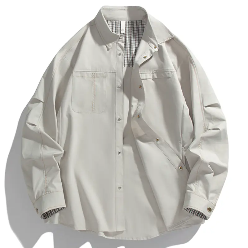 Men's Contrast Stitching Workwear Long Sleeve Shirt Jacket, Multi Pocket Oversized Loose Shacket, Casual Button Up Top For Spring Autumn Outdoor Daily Streetwear