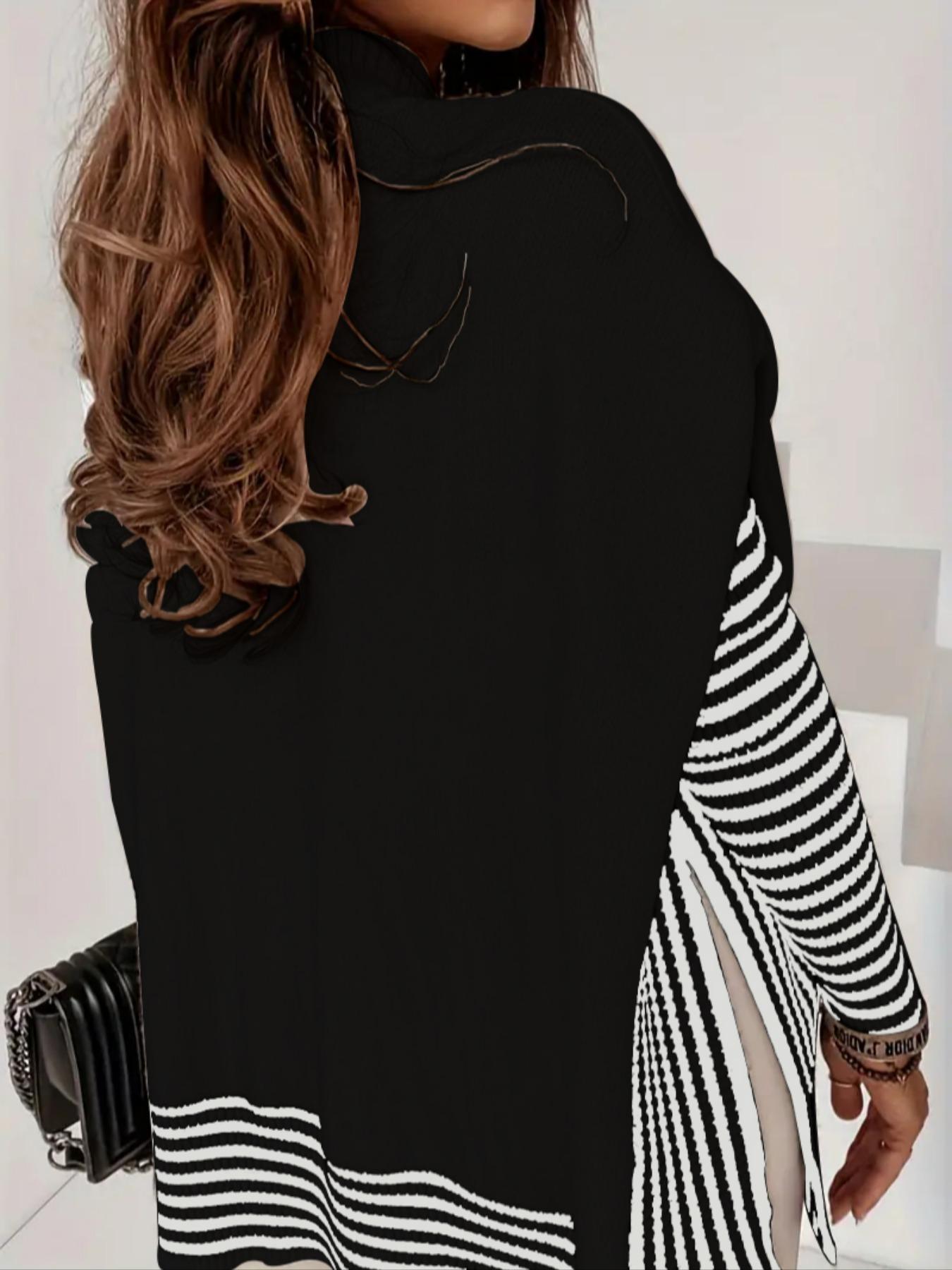 Women's Striped Patchwork Print Batwing Sleeve Split Hem Sweater, Casual Long Sleeve Mock Neck Jumper for Fall & Winter, Fashion Ladies' Knitwear for Daily Wear, Knit Pullover Top