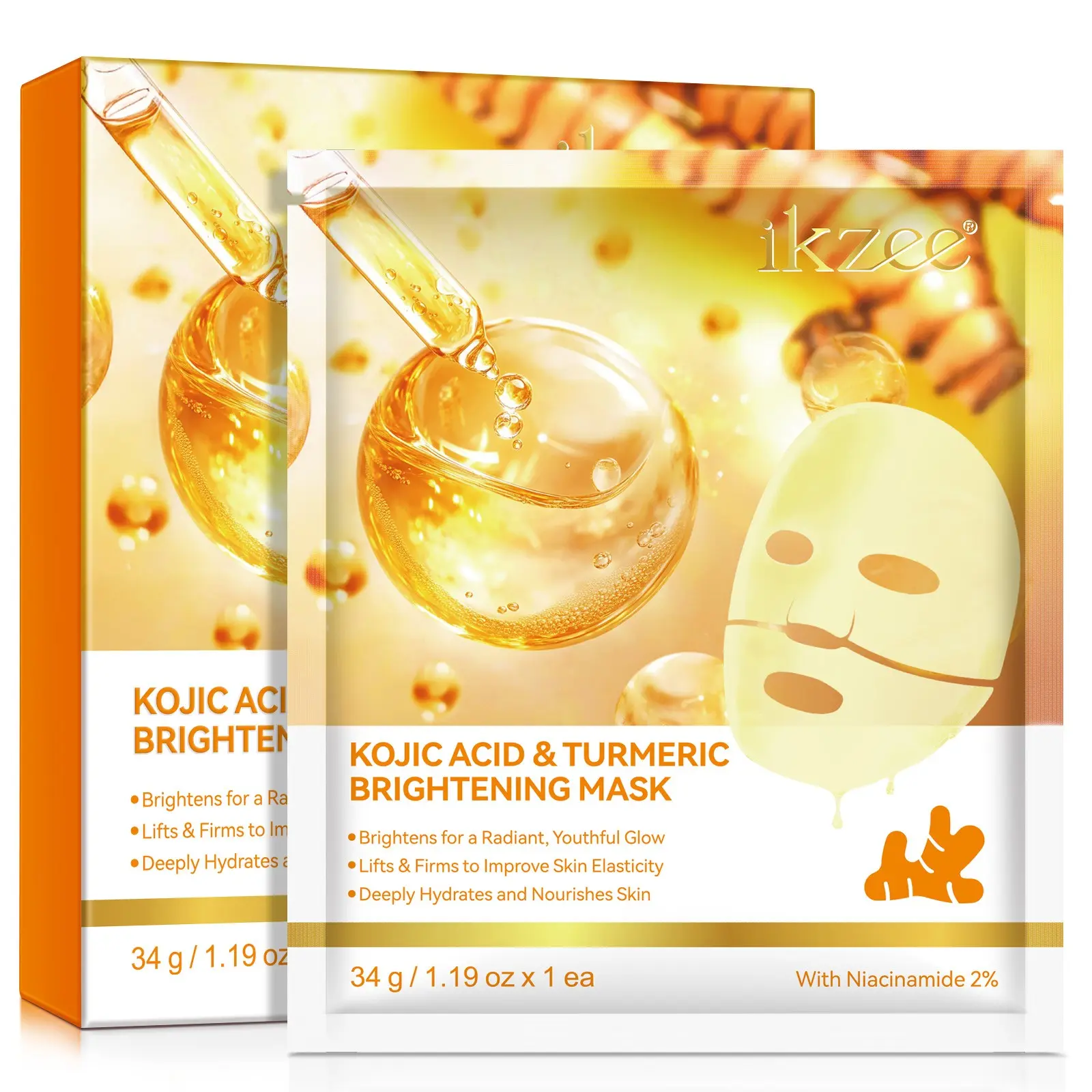 IKZEE Kojic Acid Turmeric Collagen Brightening Mask 4-Pack, Face Mask – With 2% Niacinamide, The Mask Turns Transparent When Absorbed, Ideal for Dull, Uneven Skin, 1-3 Hours of Intensive Care