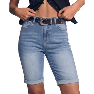 Bermuda Jean Shorts for Women Knee Length High Waisted Trendy Cuffed Hem Long Stretchy Denim Shorts Summer Jorts(Gift)