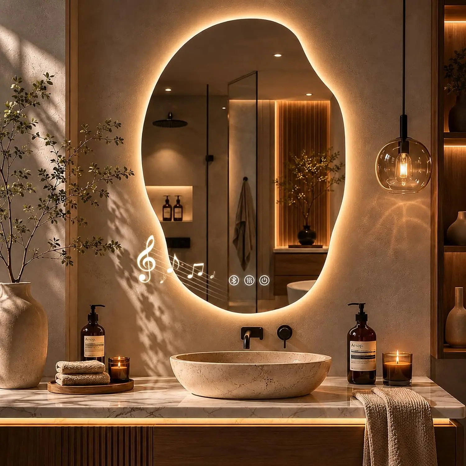 Irregular Led Bathroom Mirror with Bluetooth, 22 x 30 Inch Lighted Mirrors, Backlit Mirror with Anti-Fog, Memory Function, 3 Color Temperature, Dimmable Asymmetrical Led Mirror