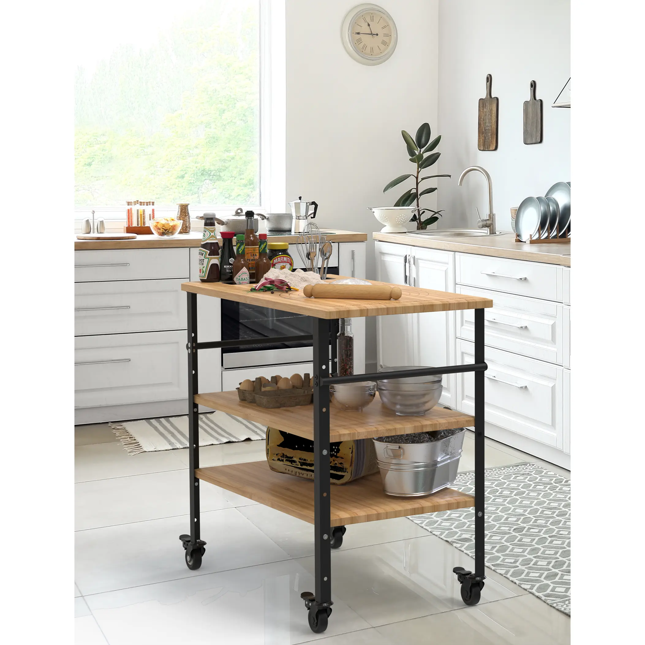 3-Tier Adjustable Pizza Prep Table with Rolling Metal Wheels, Heavy Duty BBQ Grill Workstation, 600 LBS Large Capacity Outdoor Food Prep Cart for Patio Garden Kitchen