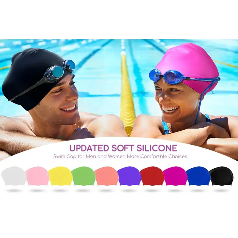 2026 New Enlarged Unisex Soft Silicone Waterproof Swimming Cap, Plain Solid Color, High Elastic Ear Protectors, Hair Protection Gear for Adult Lady Long Hair, All-Season Sports & Shower Cap
