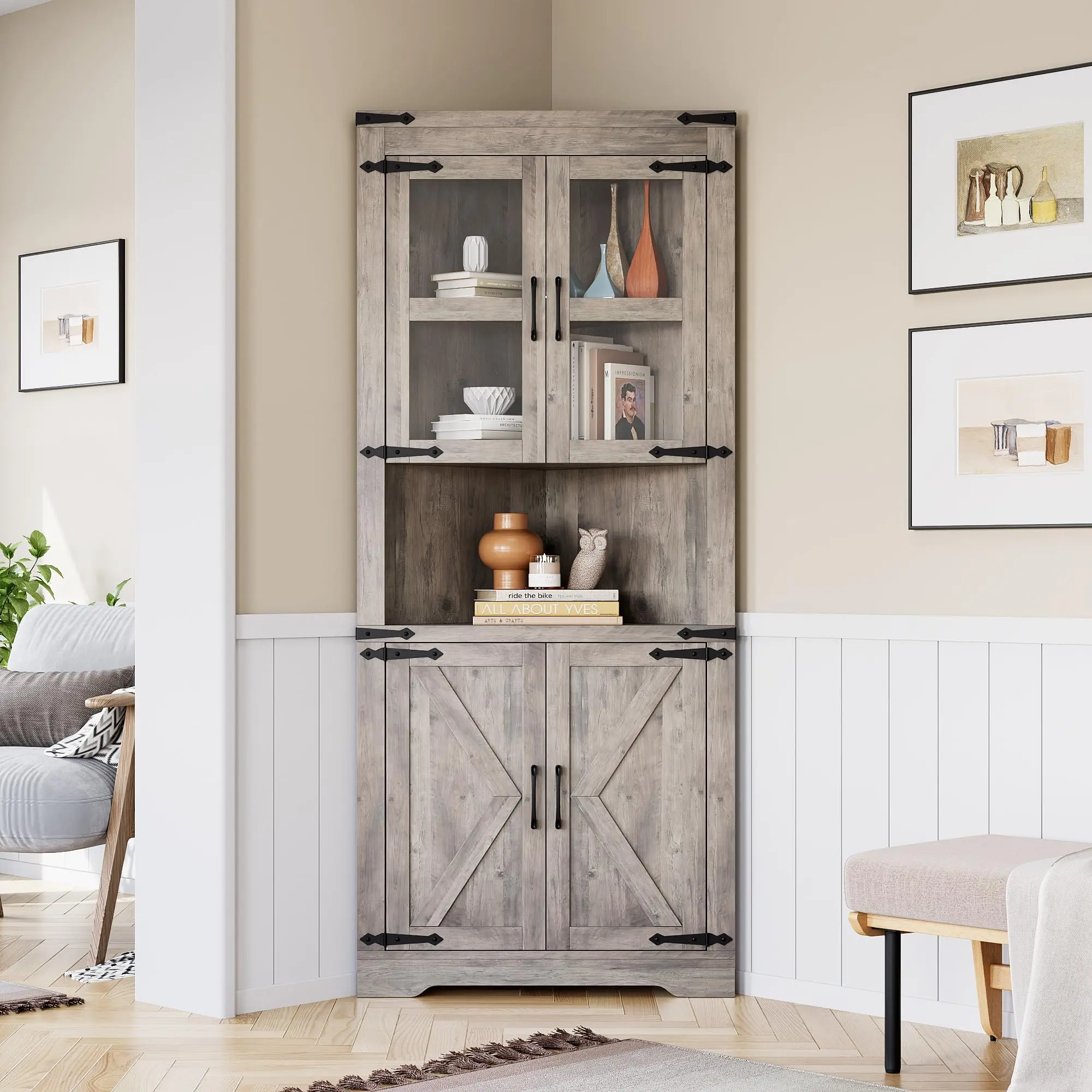 GARVEEFarmhouse Corner Cabinet, Tall Corner Storage Cabinet with Barn Door & Adjustable Shelves, Bathroom Cabinet with Storage for Living Room, Kitchen, Bathroom, Washed Grey