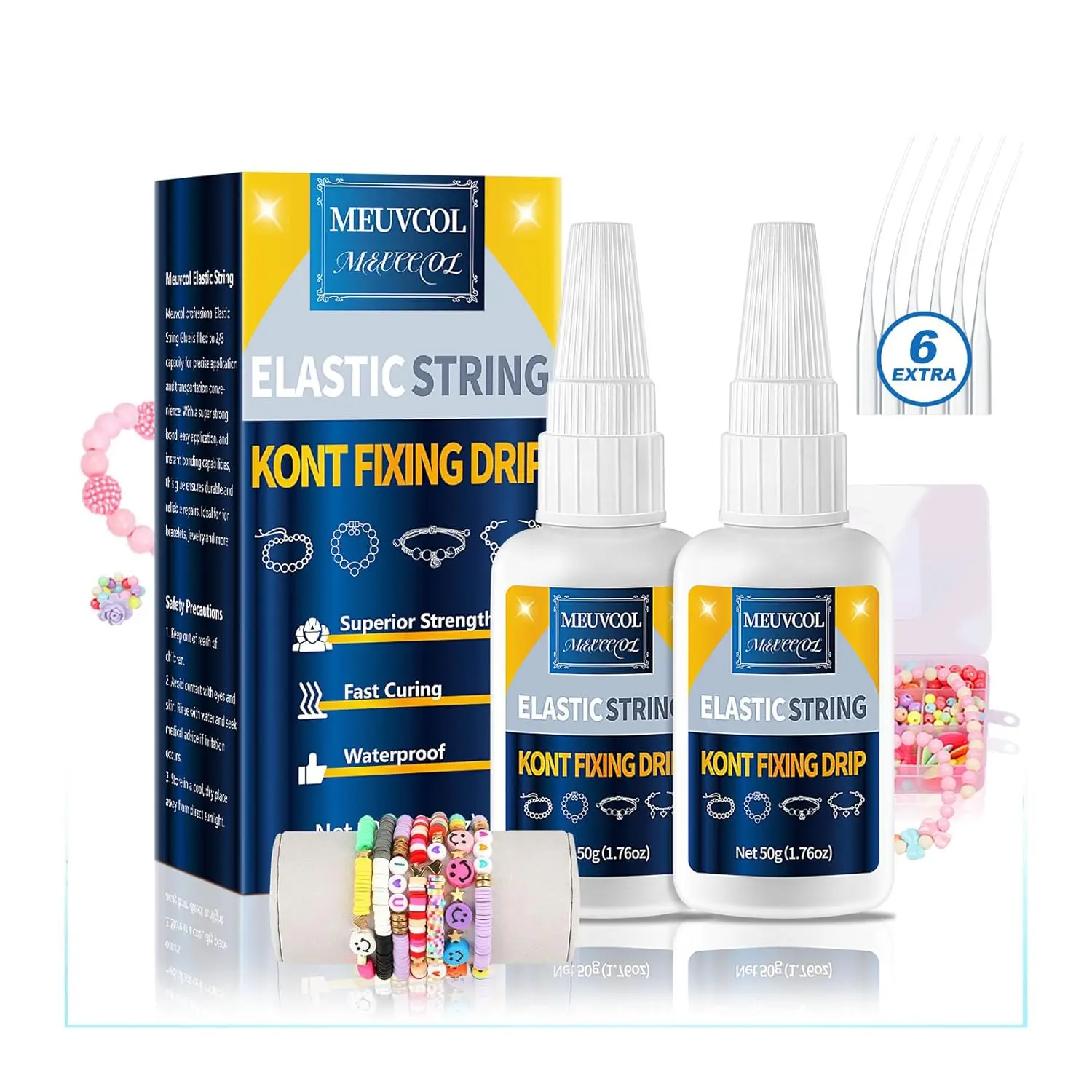 Bracelet Glue for Elastic String Knot,2 Pcs Clear Clay Beads Glue for Bead Charms, Punctuation Beads,  Bracelet Making Supplies Kit for Plastic Bracelet Stretchy Cord (100g)