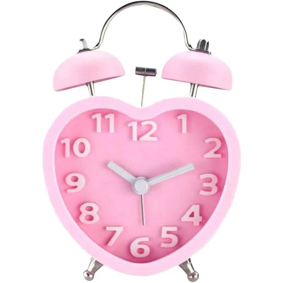 Students Seniors 3in Twin Bell Loud Alarm Clock Silent Analog Quartz Nightlight Clock Battery Operated for Heavy Sleepers Heart Shape Pink