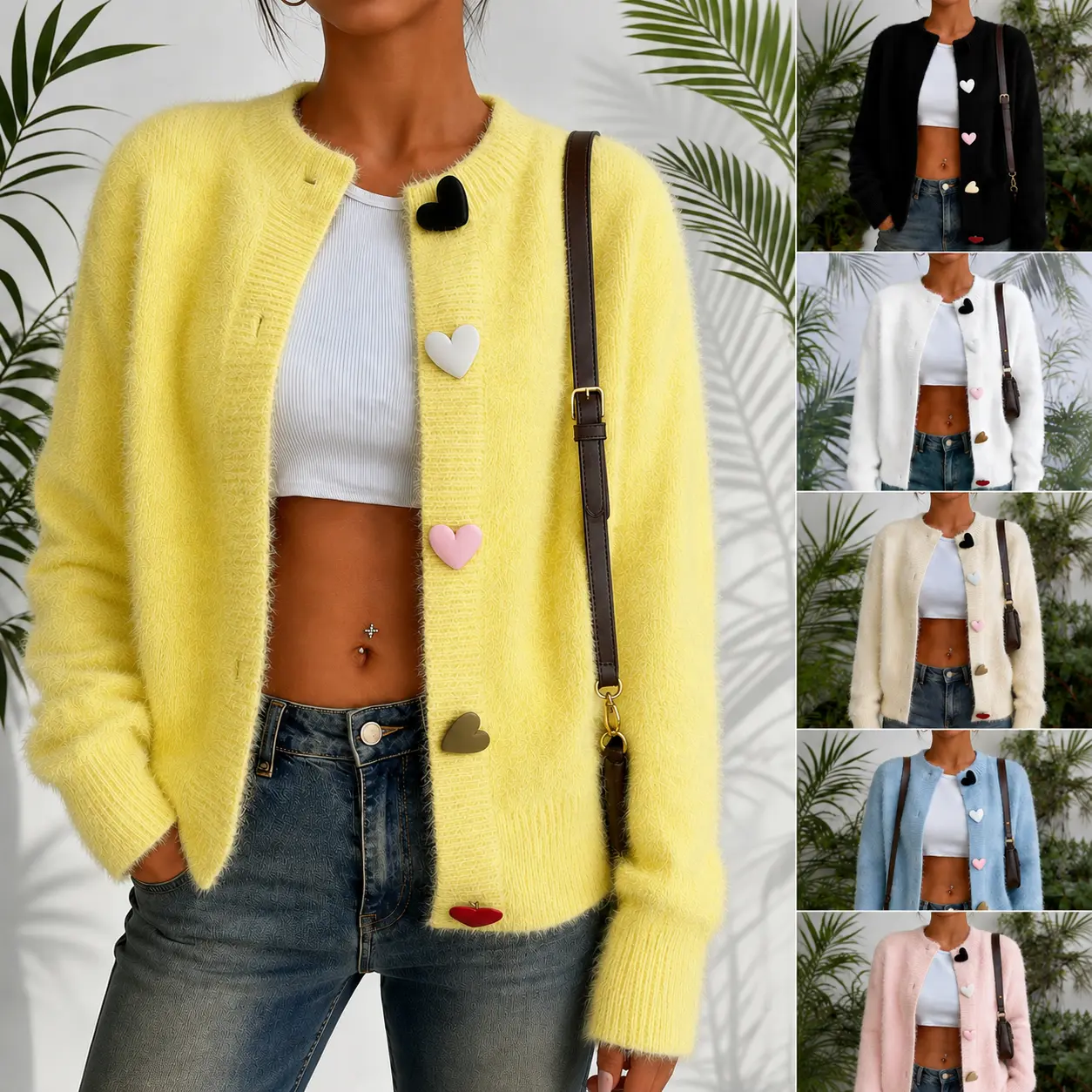 Women's Round-Neck Knit Tops with Heart Buttons - Elegant, Fashionable, Casual, Colorful Long-Sleeve Solid Cardigan