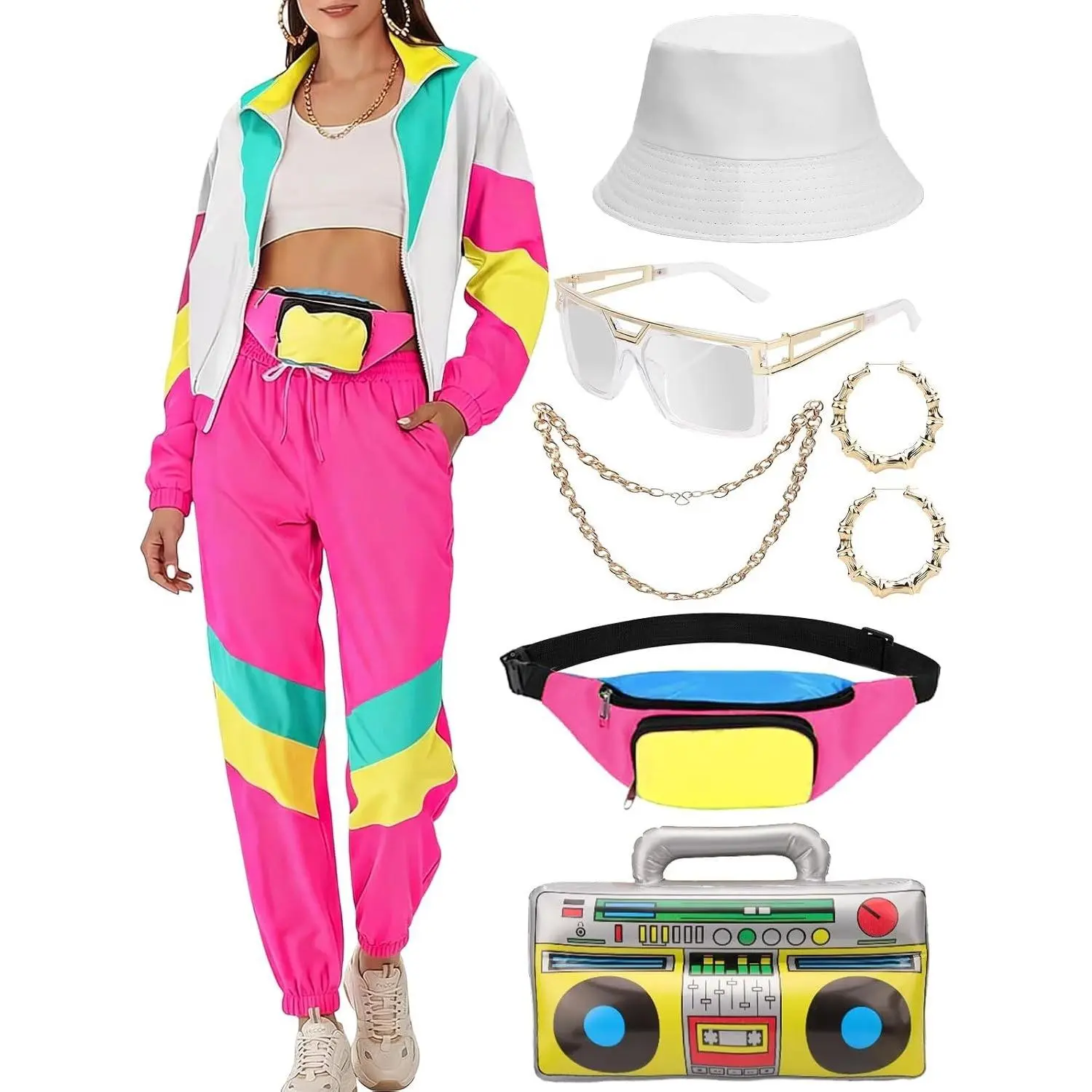 80s 90s Neon Tracksuit Costume for Women - 8-Piece Color Block Windbreaker Jacket Pants Fanny Pack Set, Retro Party Halloween Outfit Accessories(Gift)