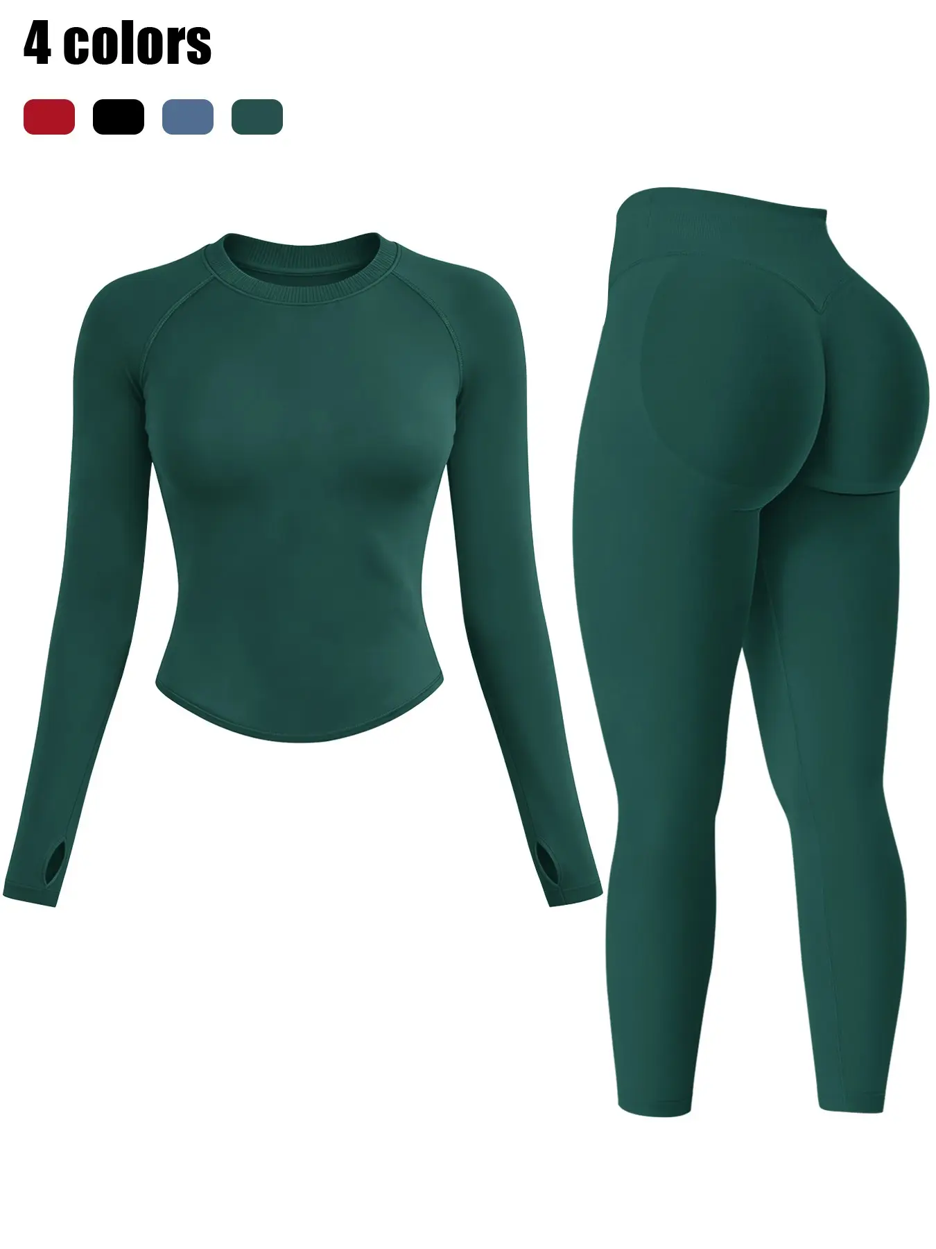 Women's 2 Piece Thermal Ski Base Layer Set, Crew Neck Stretch Slim Long Sleeve Top With Thumb Holes + Butt Lifting Athletic Long Pants, Sweat Warming Functional Undergarment Outfit Activewear Ideal For Outdoor Skiing, Cycling & Hiking